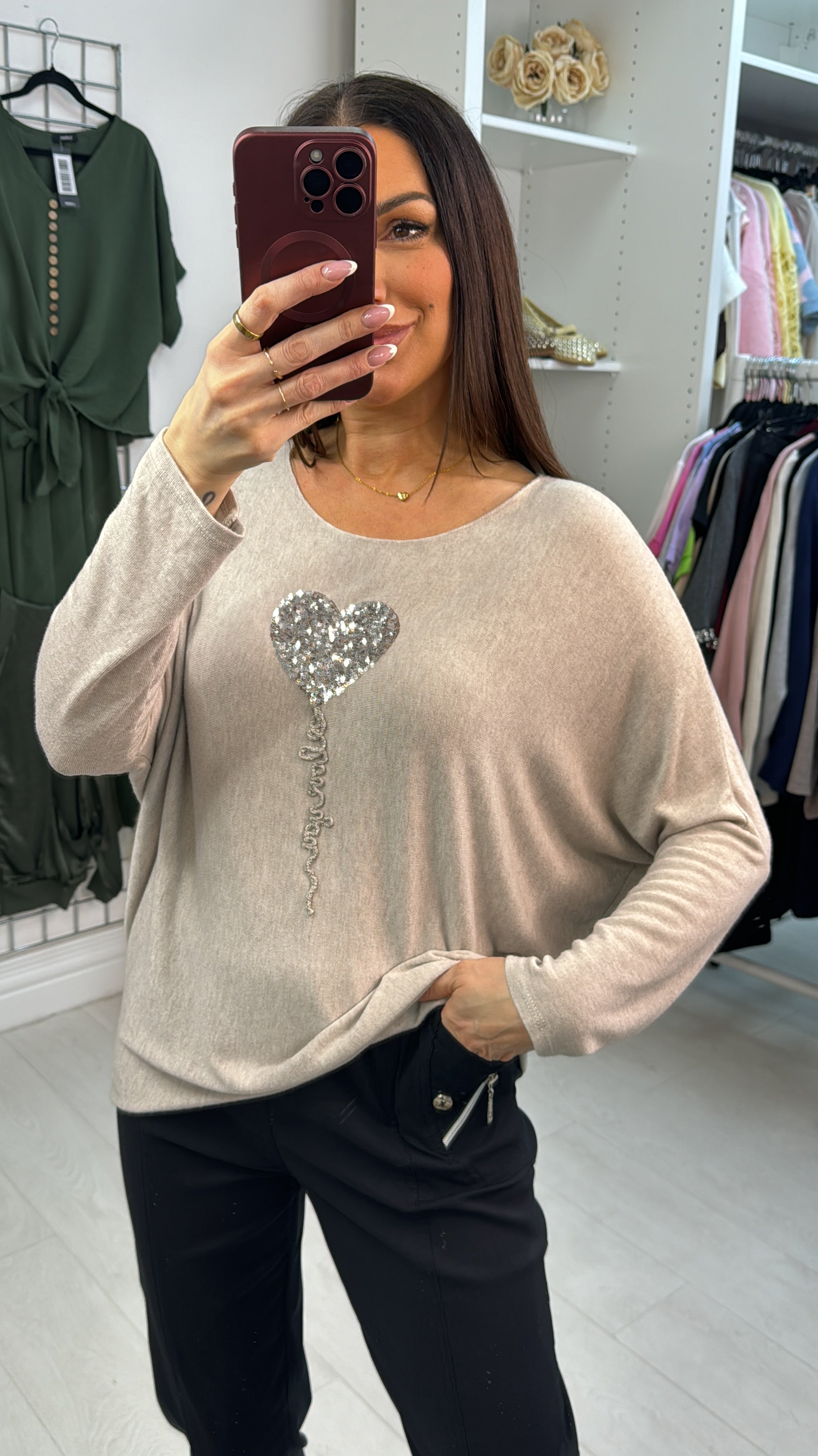 Betsy Sequin Heart Detail Loose Fit Thin Knit Jumper