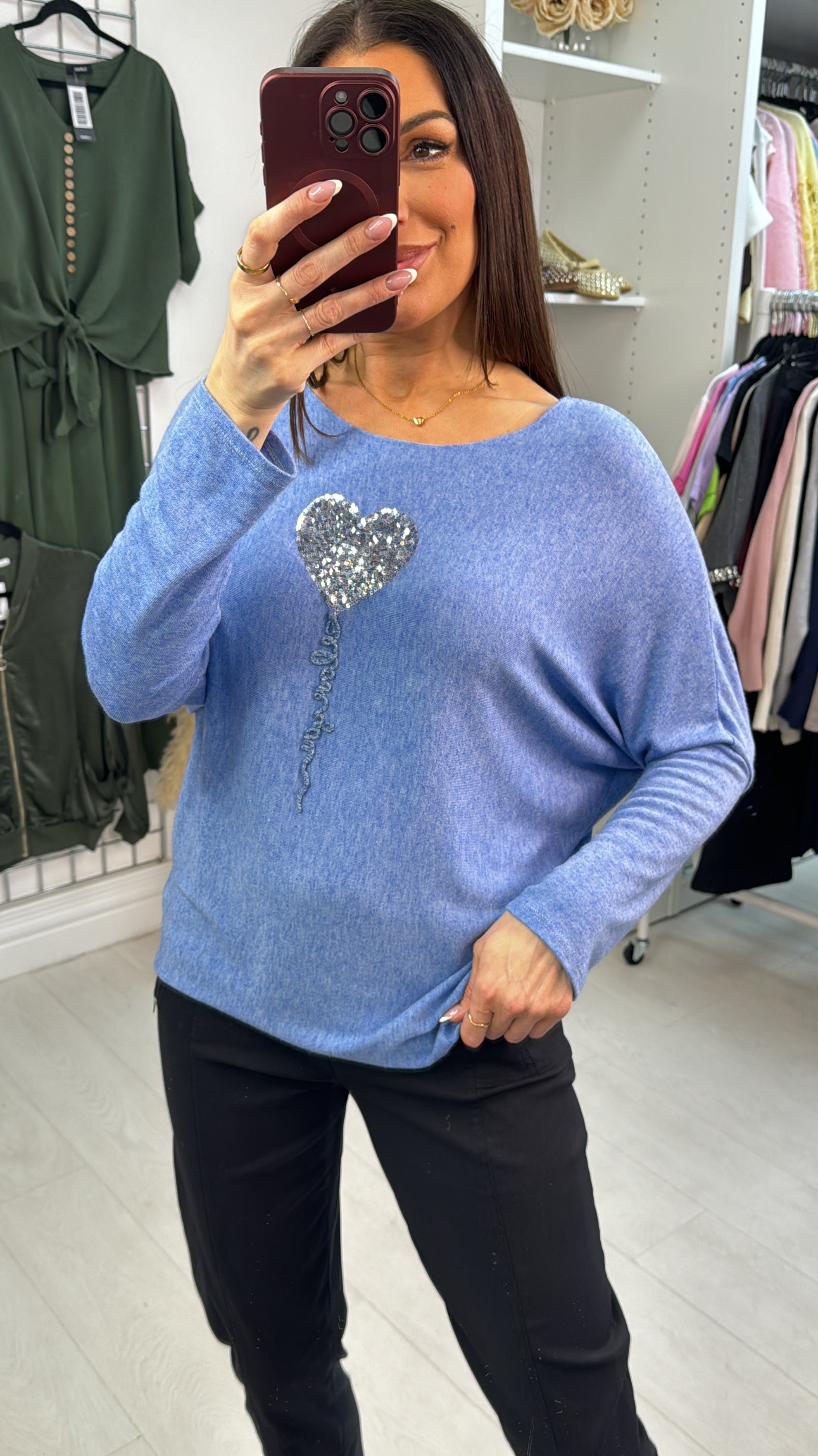 Betsy Sequin Heart Detail Loose Fit Thin Knit Jumper