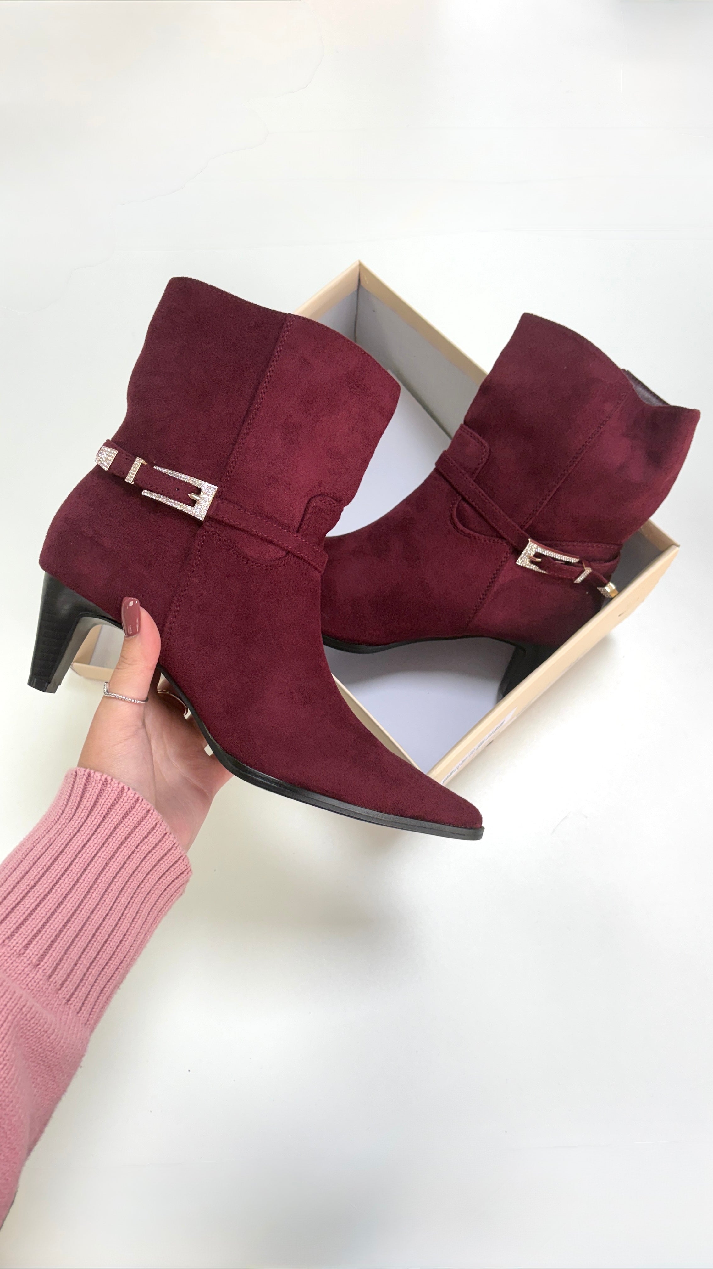 Vickie Faux Suede Buckle Detail Pointed Boots