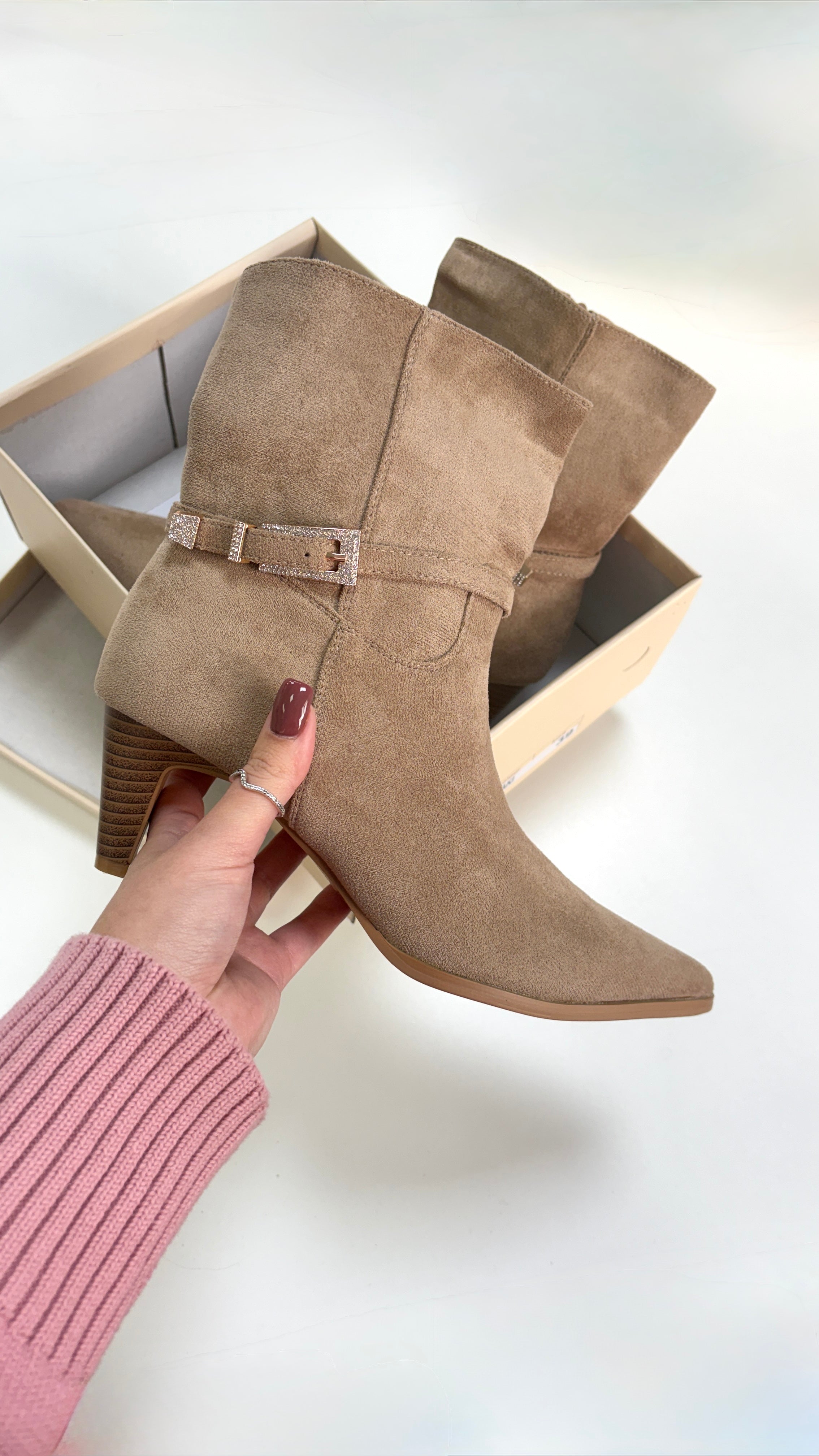 Vickie Faux Suede Buckle Detail Pointed Boots