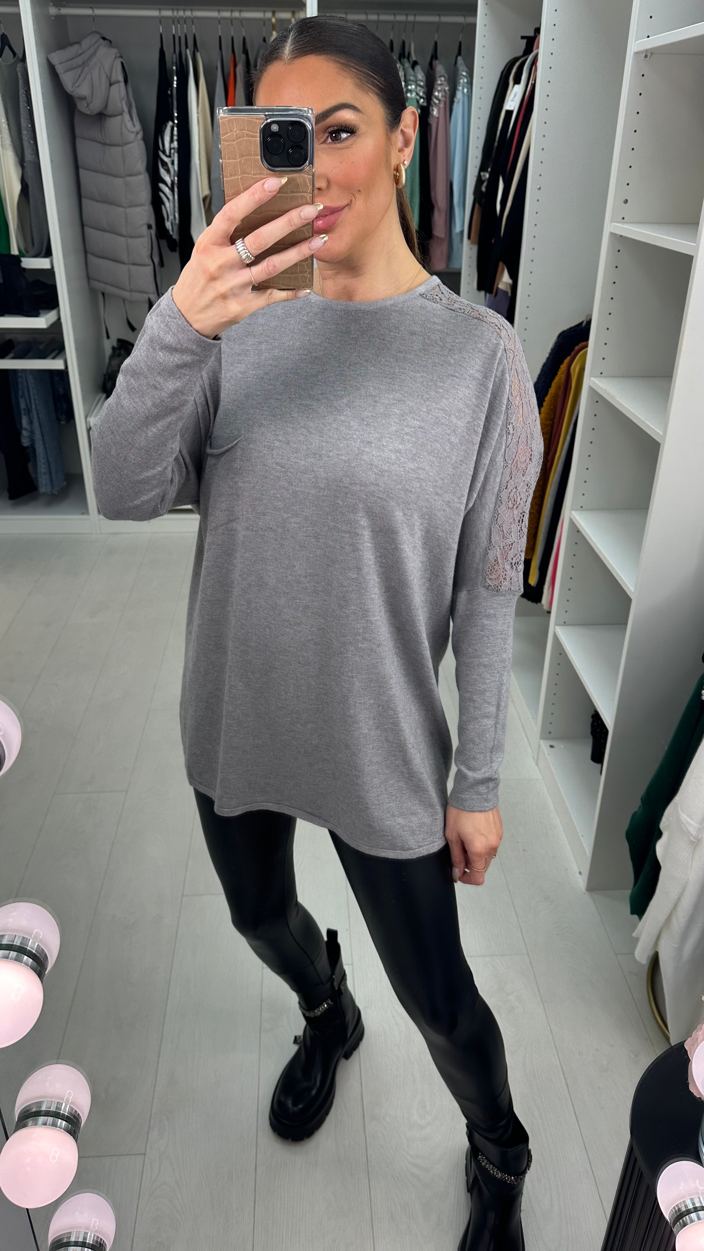 Iverna Lace Sleeve Dip Hem Knit