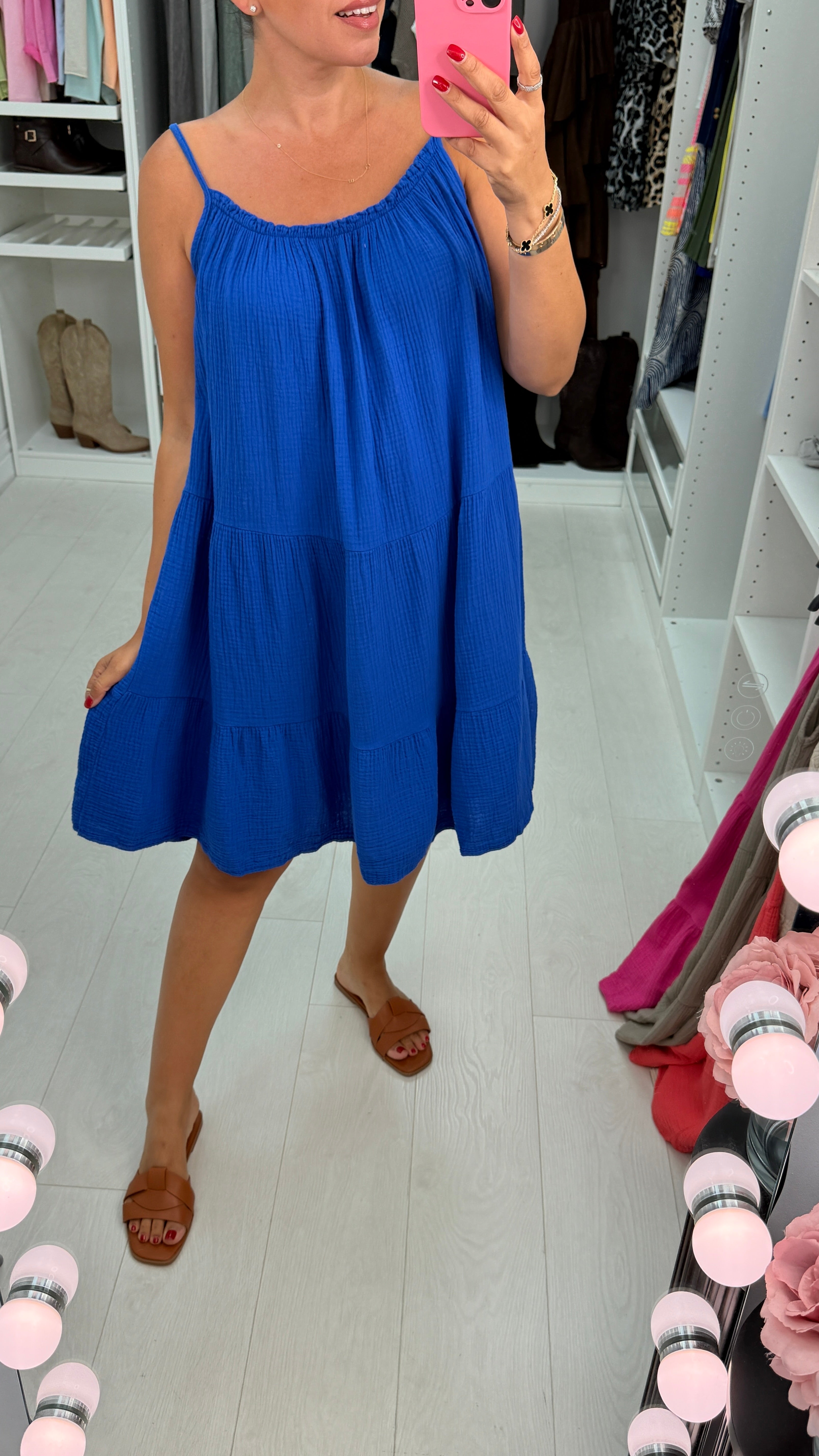 Marita Plain Cheesecloth Strappy Smock Dress