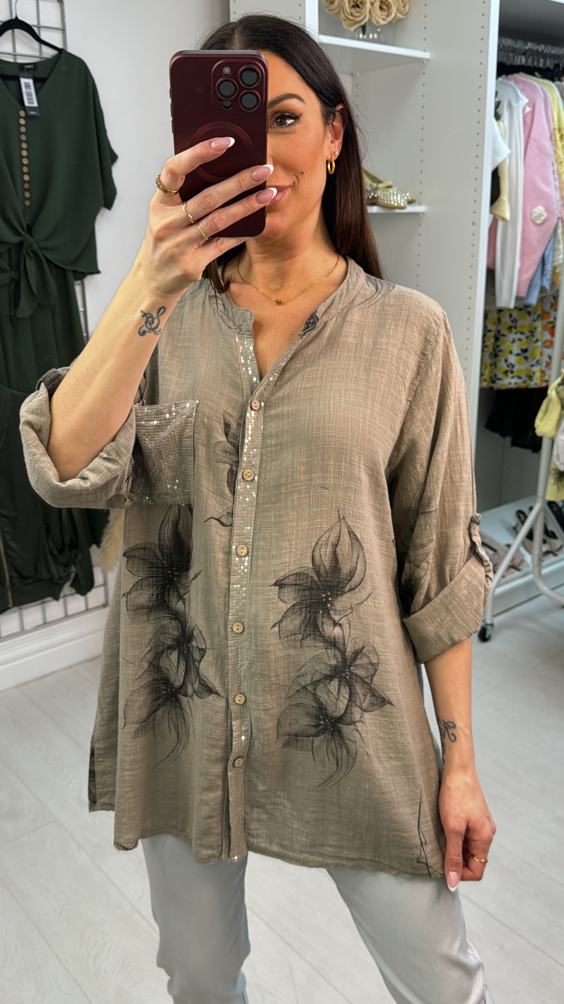 Jaylani Floral Print V Neck Sequin Embellished Top