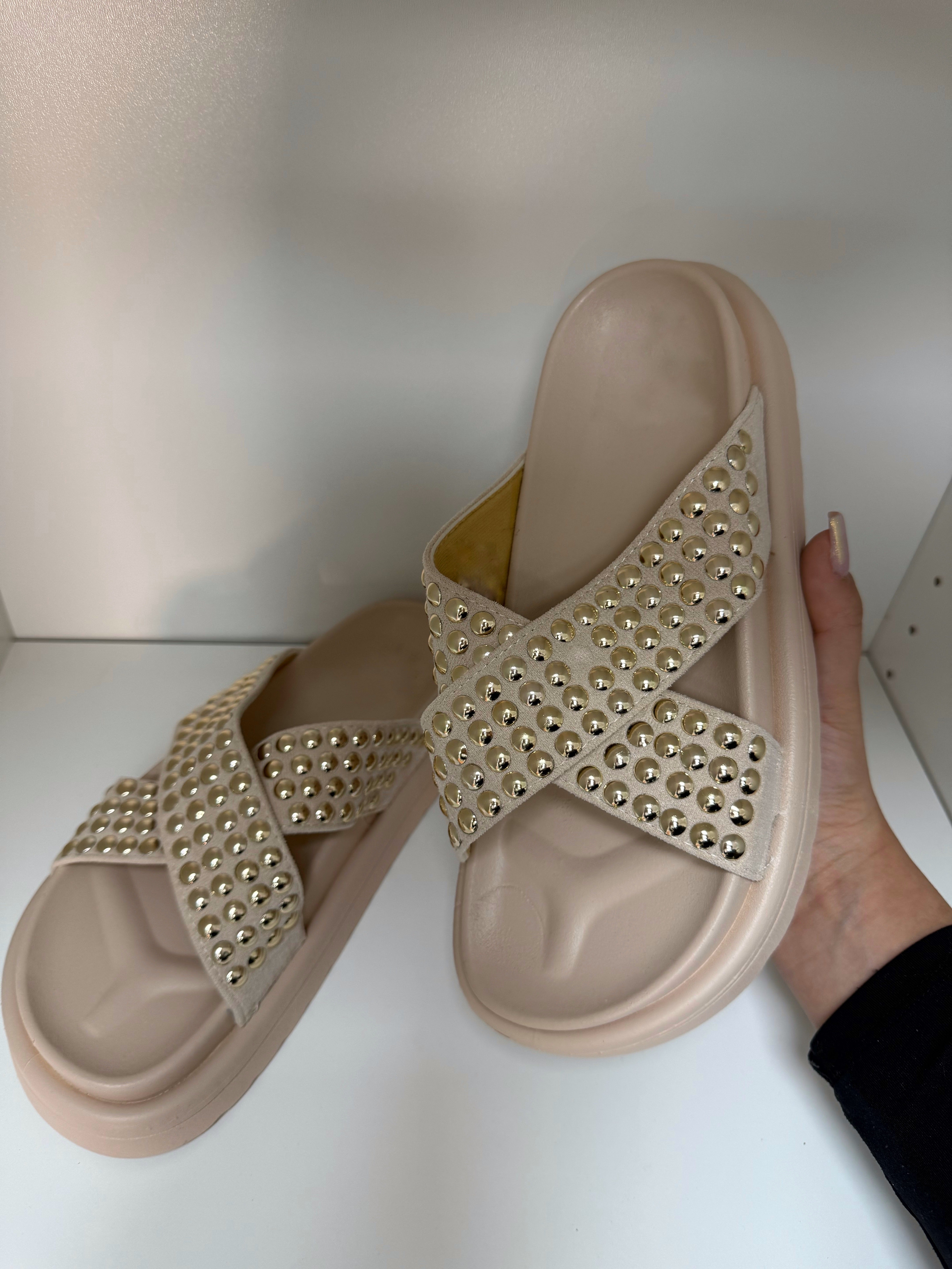 Taren Faux Suede Gem Studded Detail Sliders