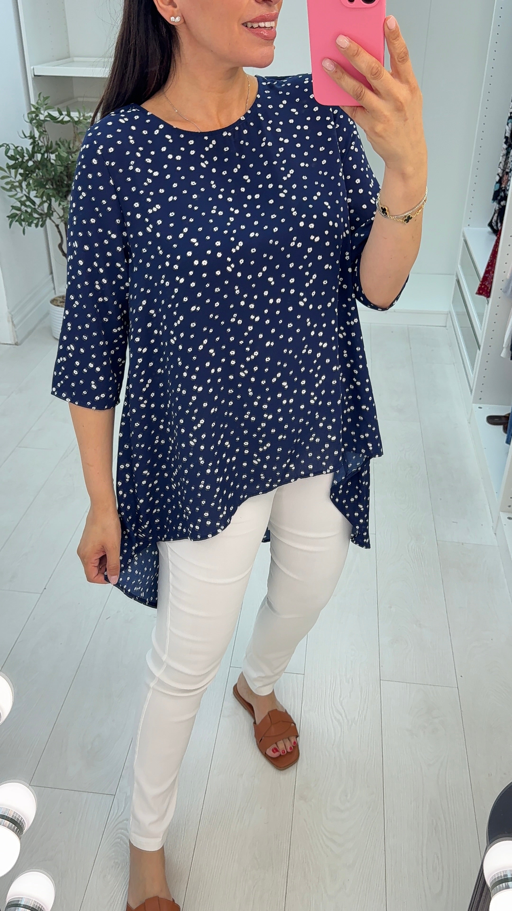 Saffie Navy Flower Print Dipped Hem Tie Back Top