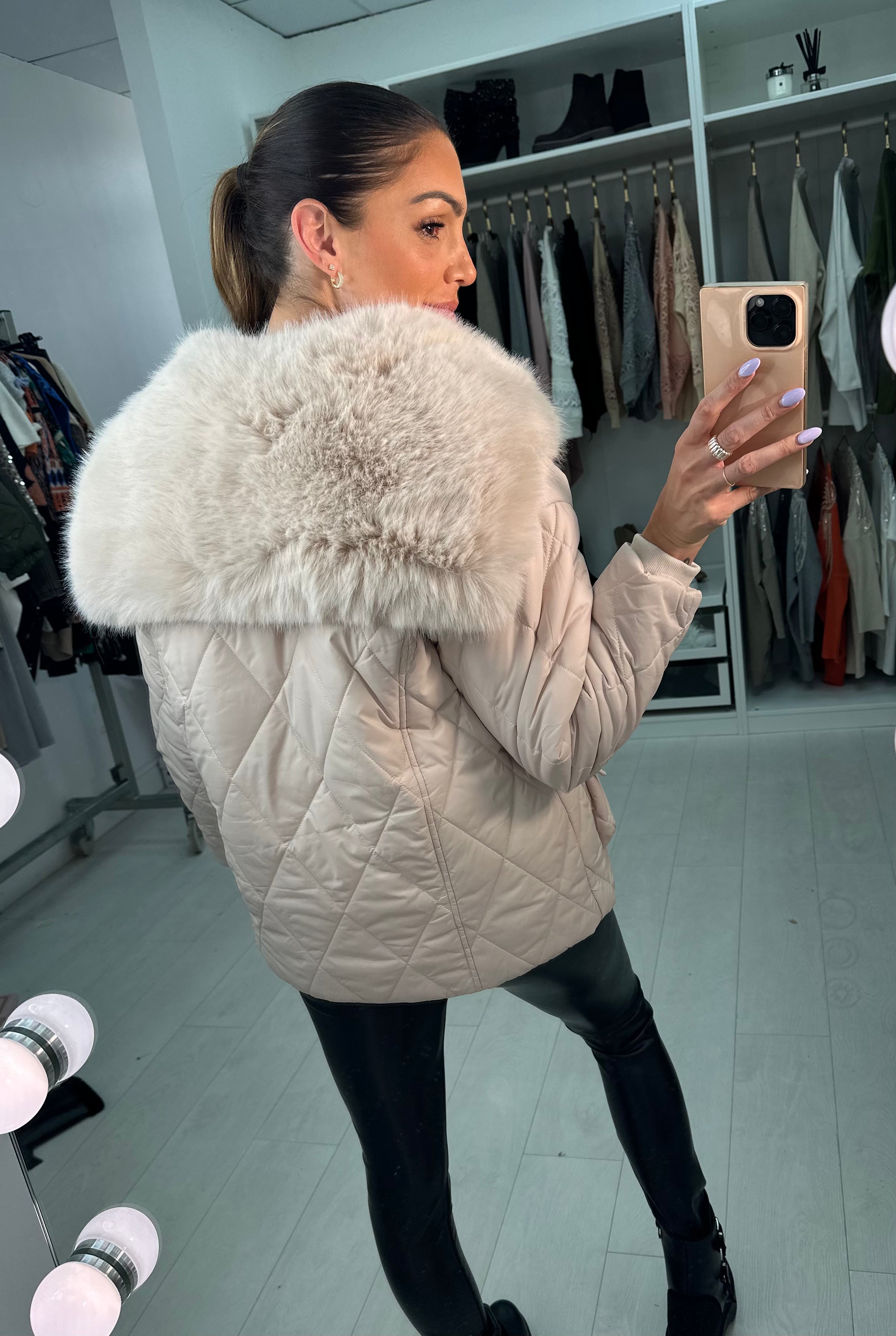 Olympia Beige Short Quilted Faux Fur Trim Coat