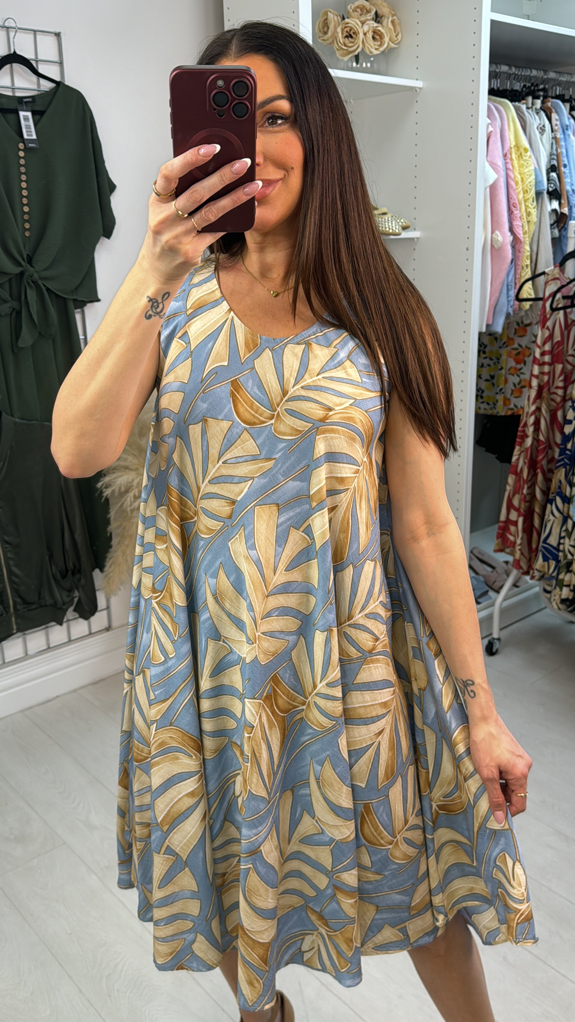 Suzanne Leaf Print Loose Fit Midi Dress