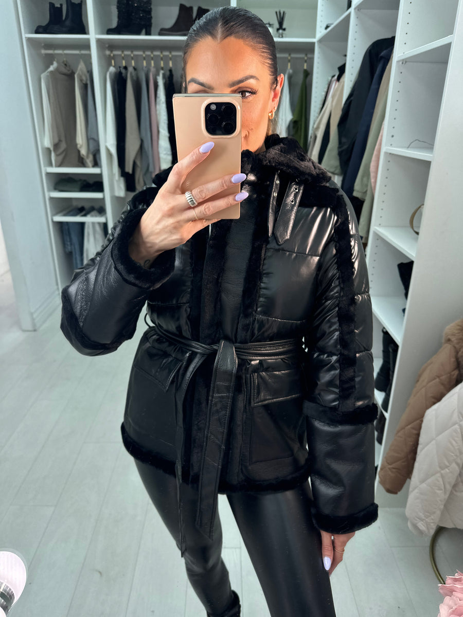 Black puffer belted shops coat