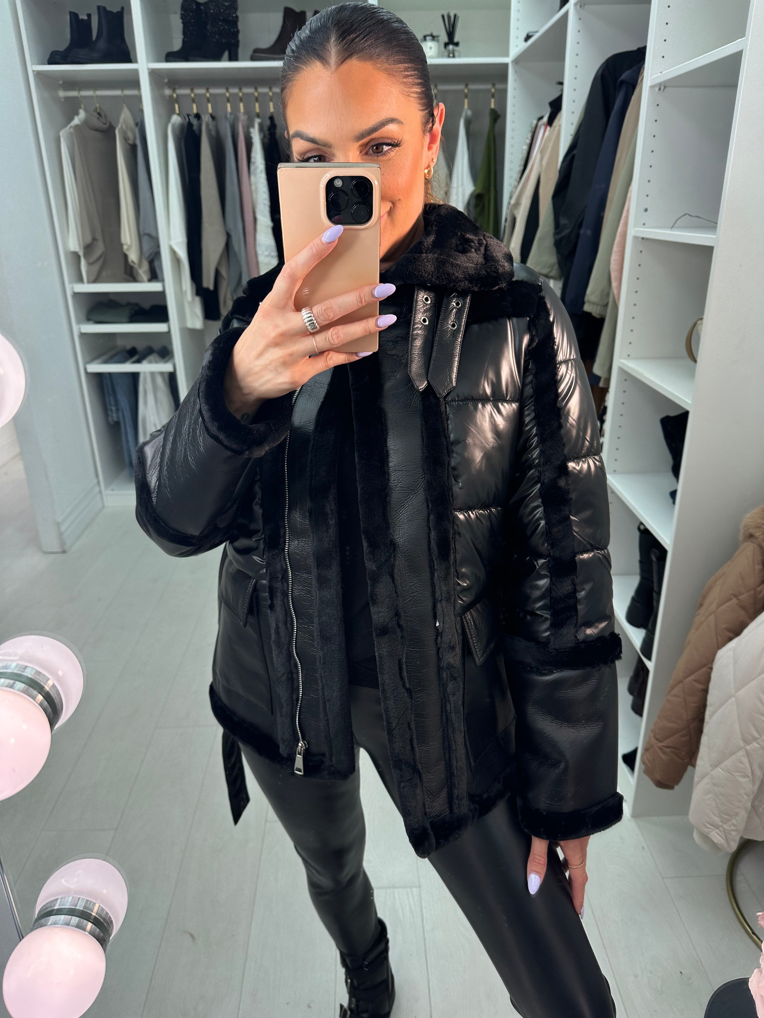 Rino Puffer-Faux Leather Black Belted Jacket