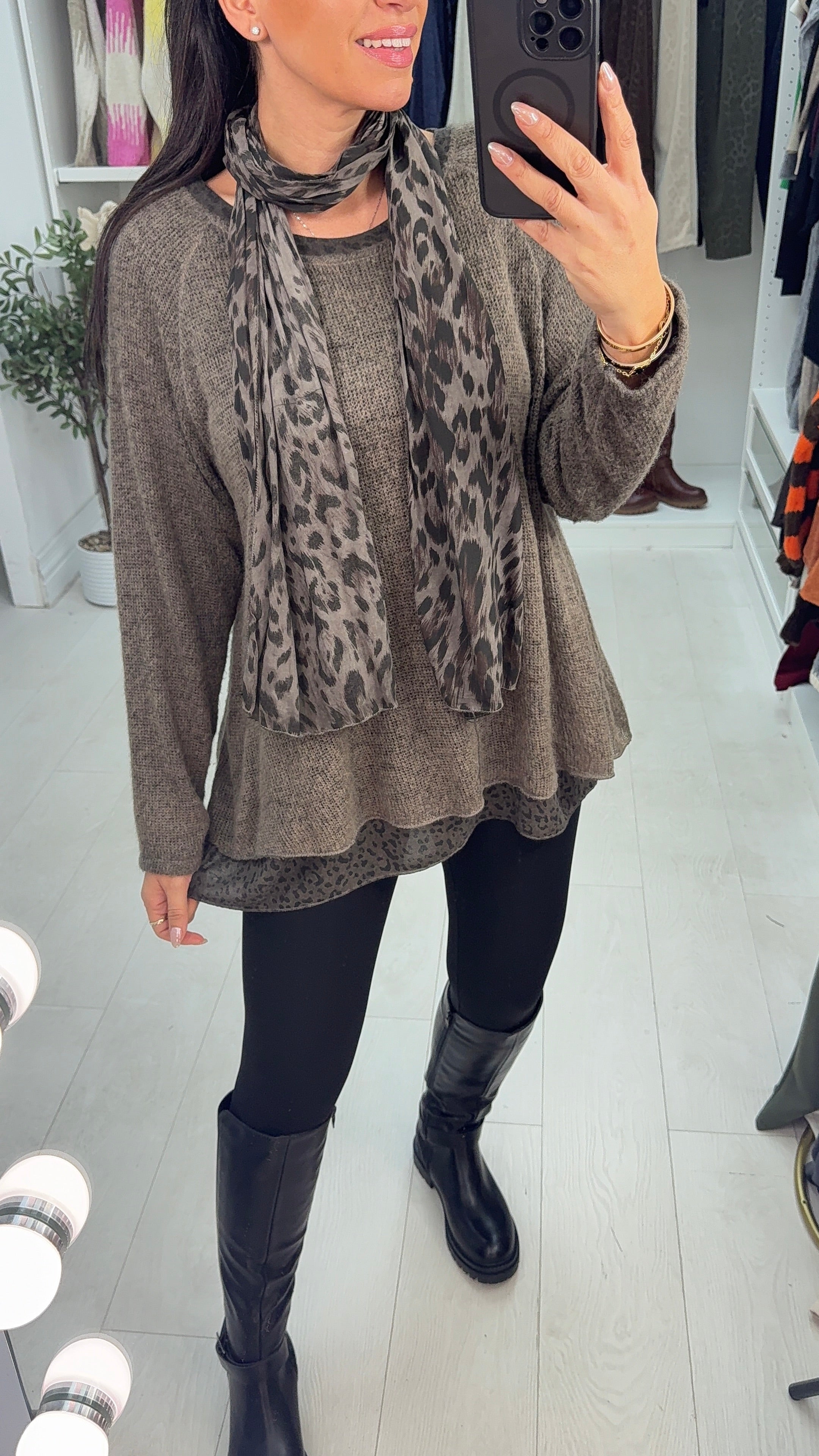 Petria Leopard Print Detailed 2 Piece Scarf Jumper