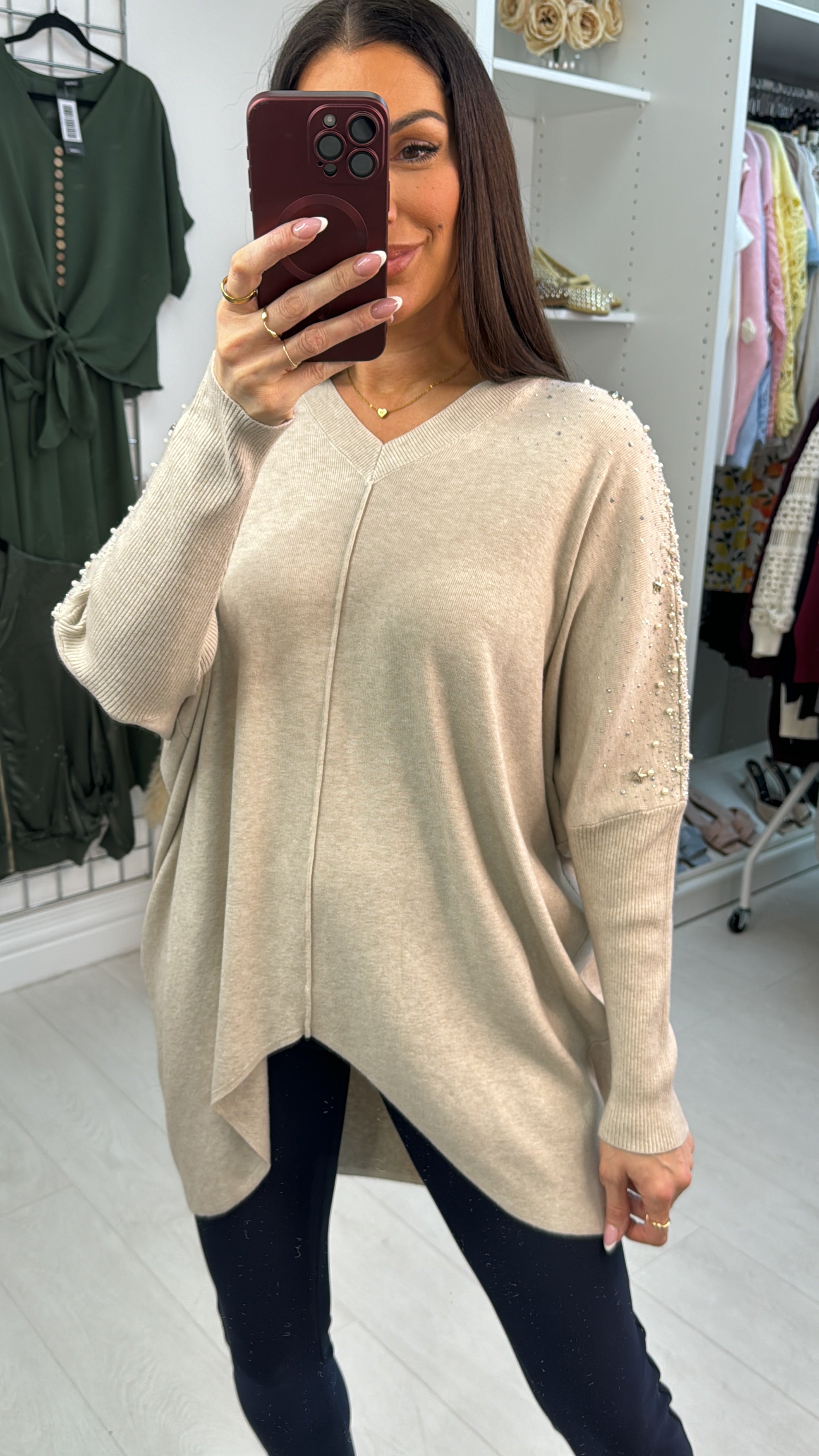 Avani Embellished Shoulder Loose Fit Dipped Hem Jumper