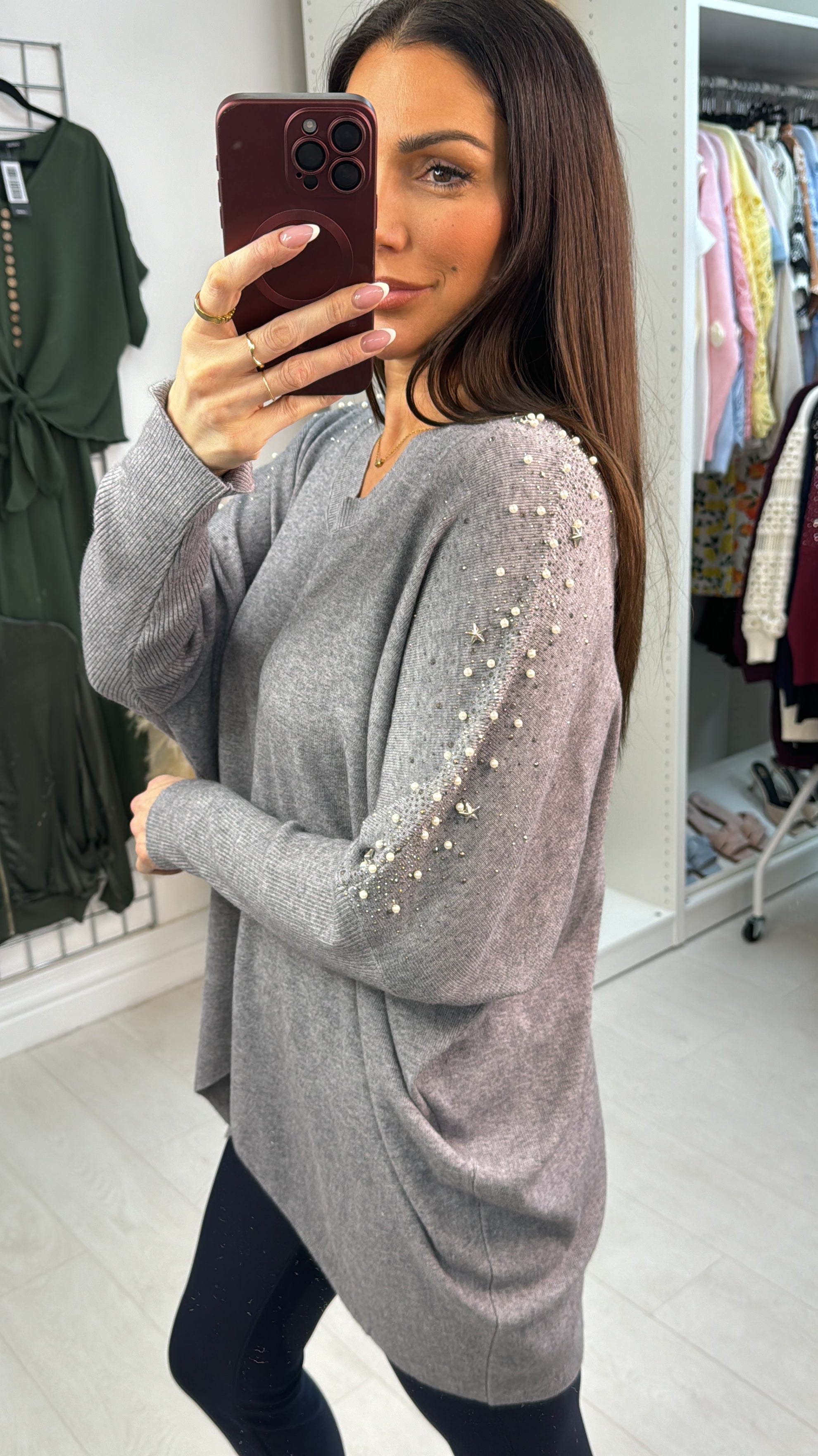 Avani Embellished Shoulder Loose Fit Dipped Hem Jumper