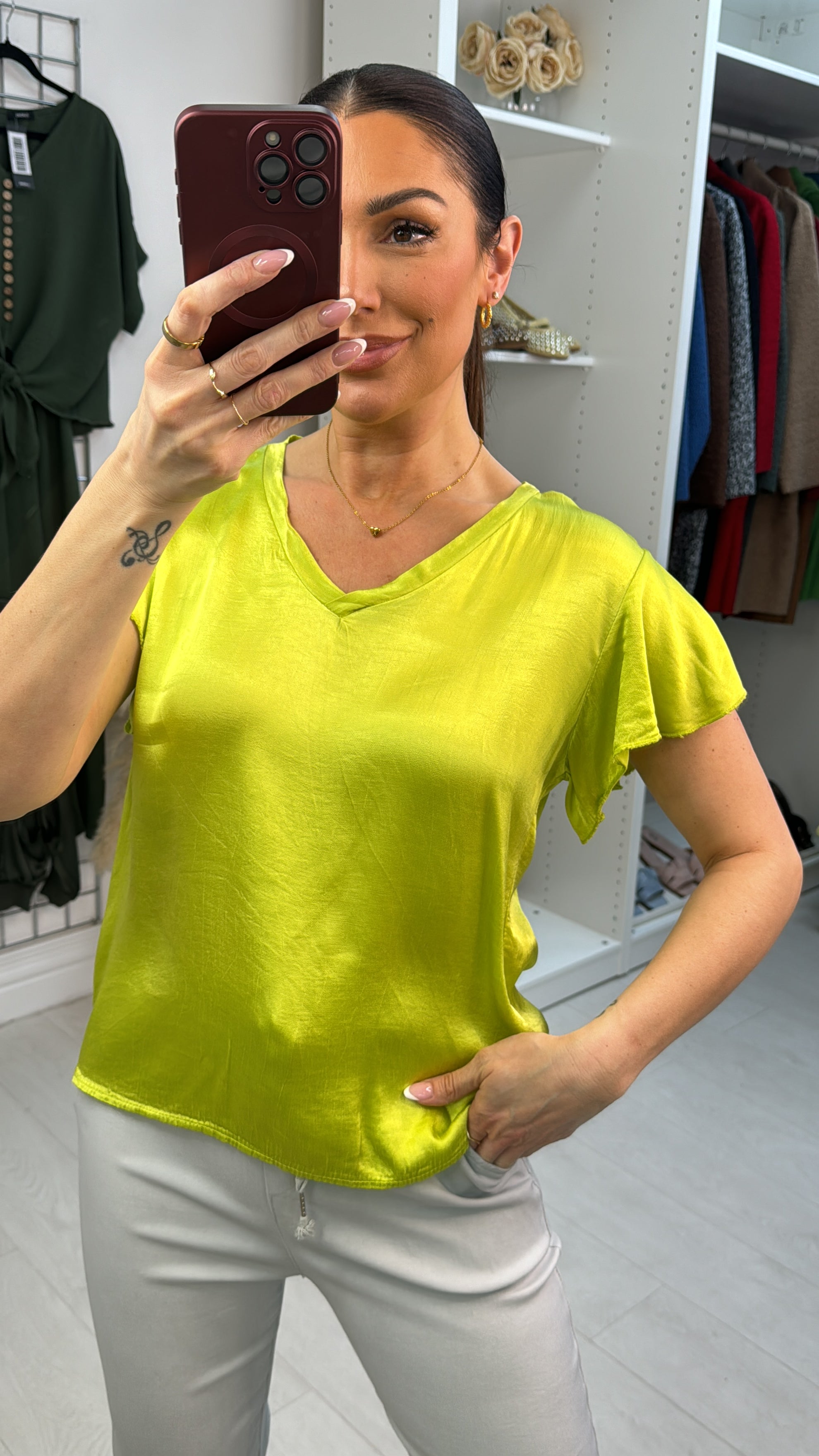 Corinna Satin V Neck Short Sleeve Top