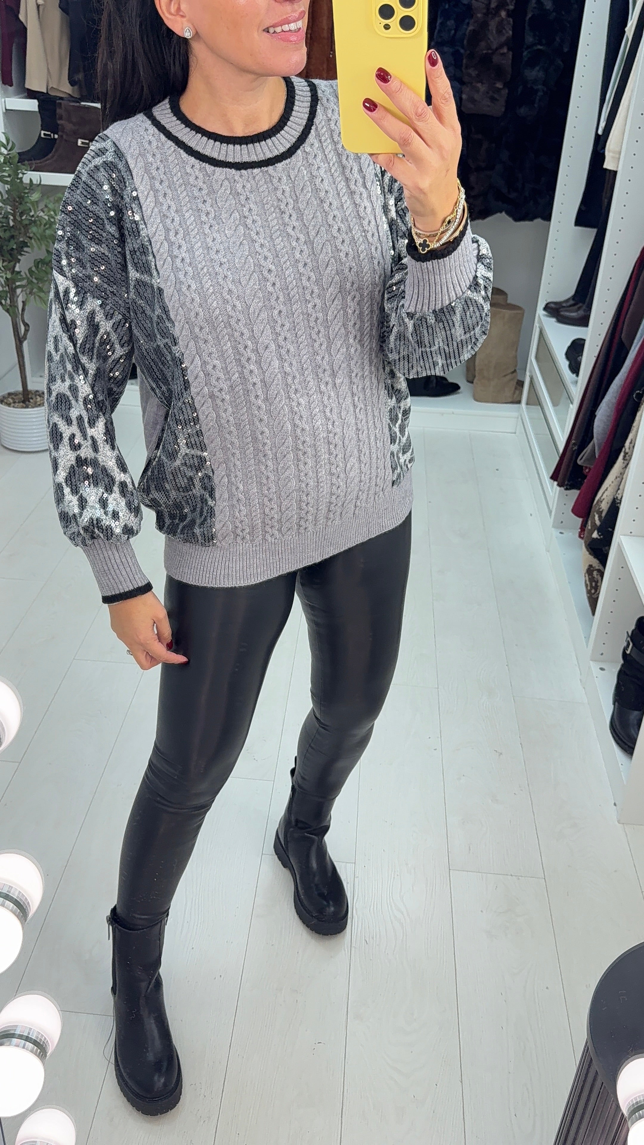 Blanca Sequin Leopard Detail Cable Knit Jumper
