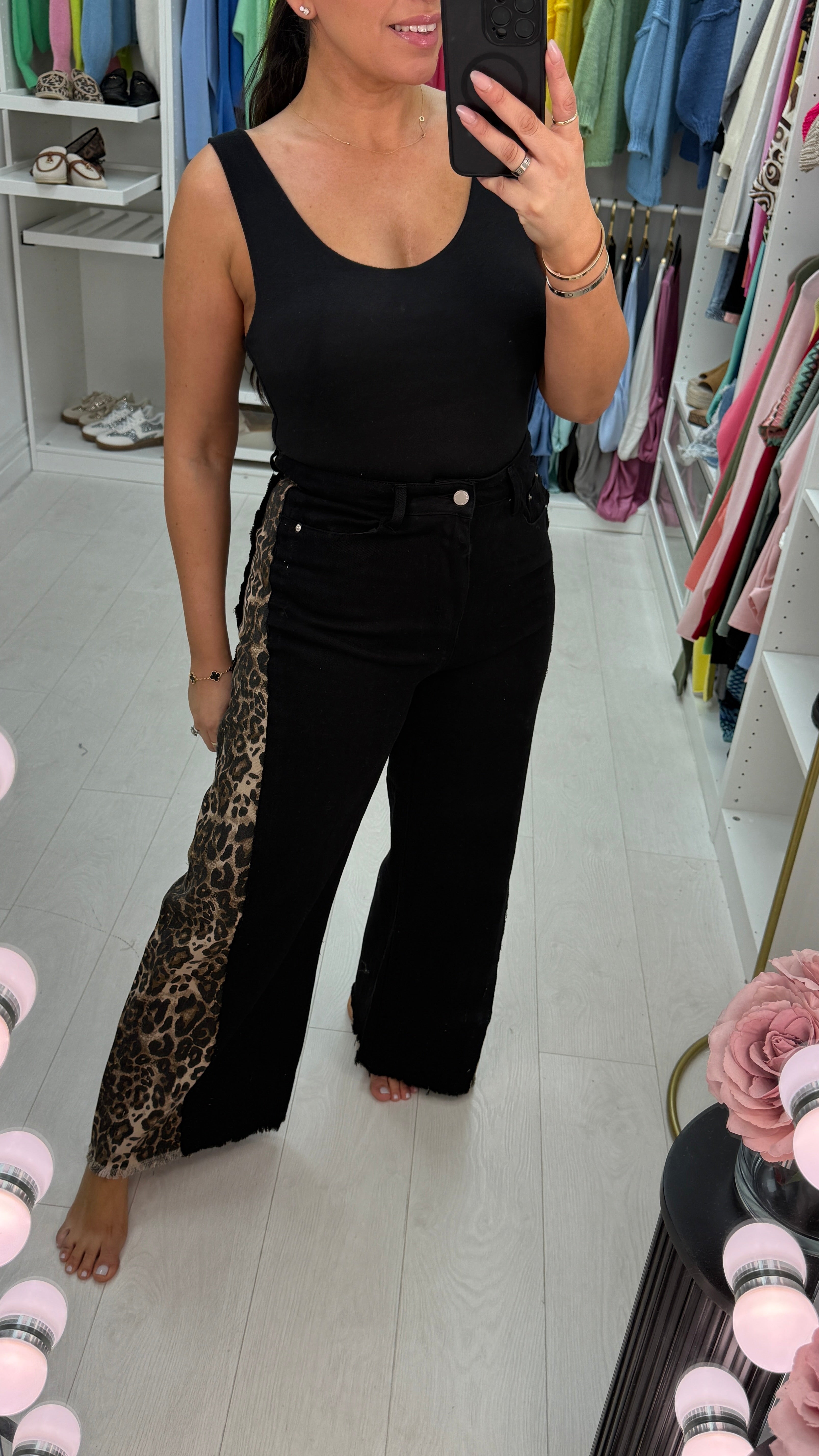 Molly Leopard Print Panel Distressed Wide Leg Jeans