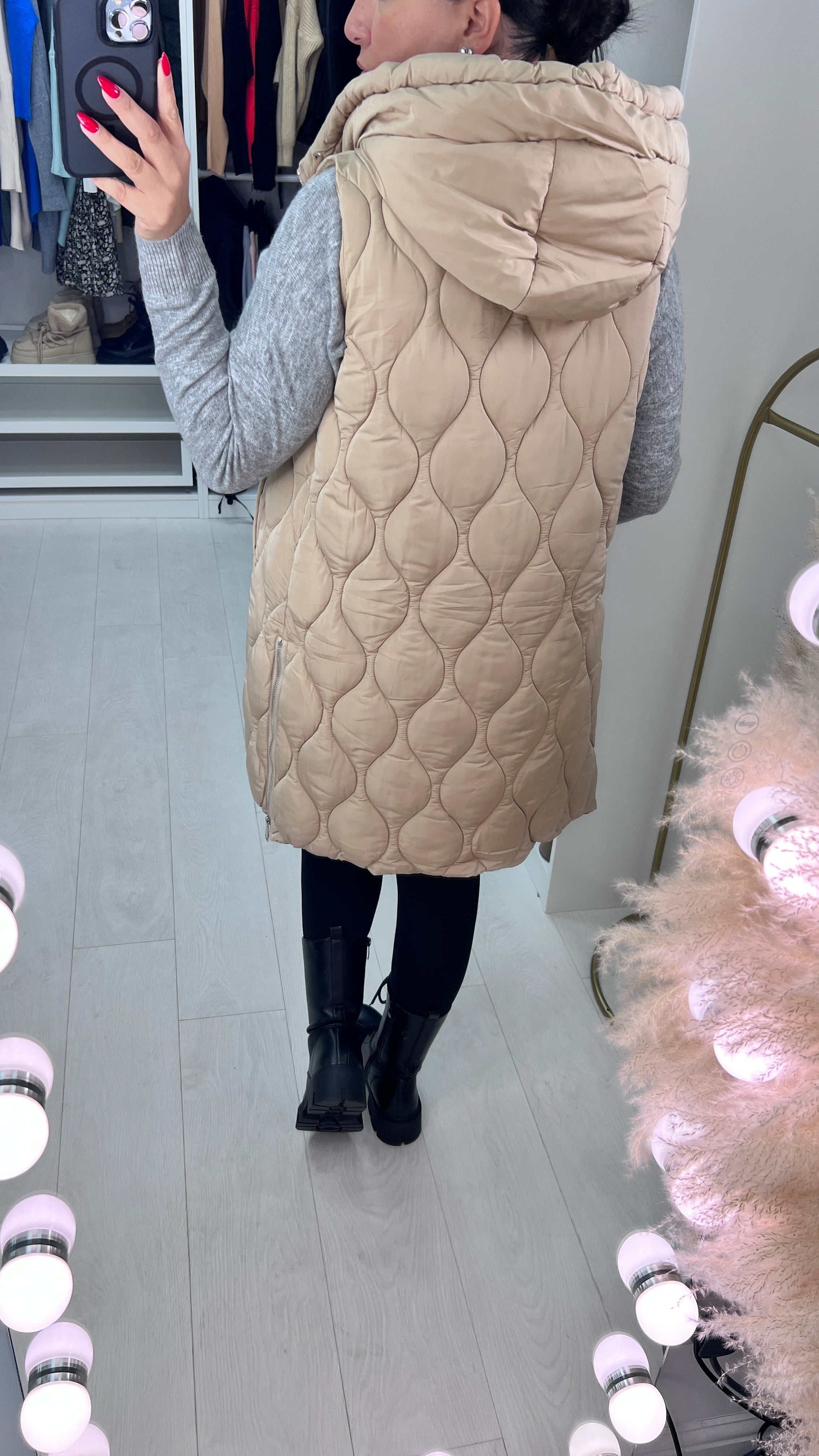 Marnie Beige Quilted Hooded Gilet