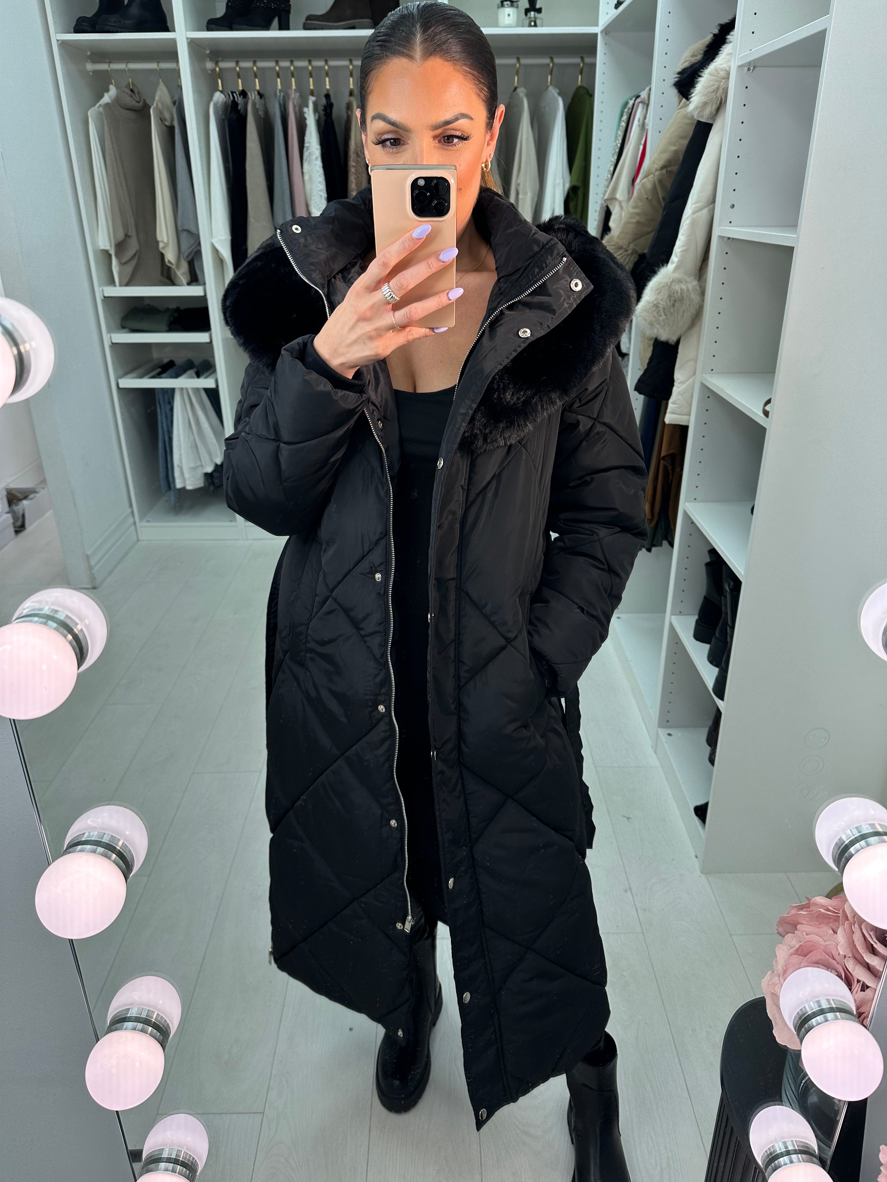 Loukia Faux Fur Hooded Longline Coat