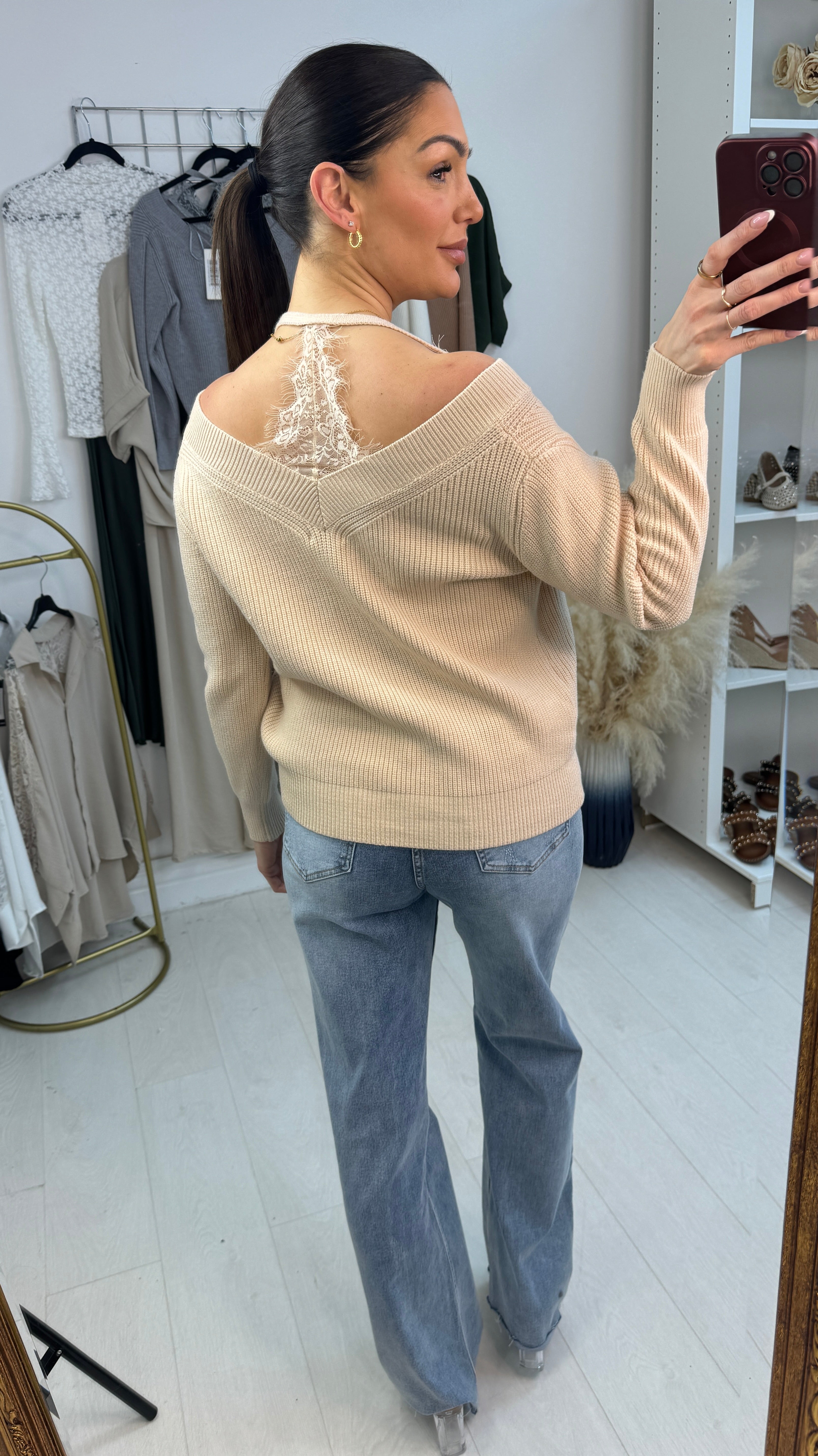 Cambria V Neck Lace Detail Knitted Jumper