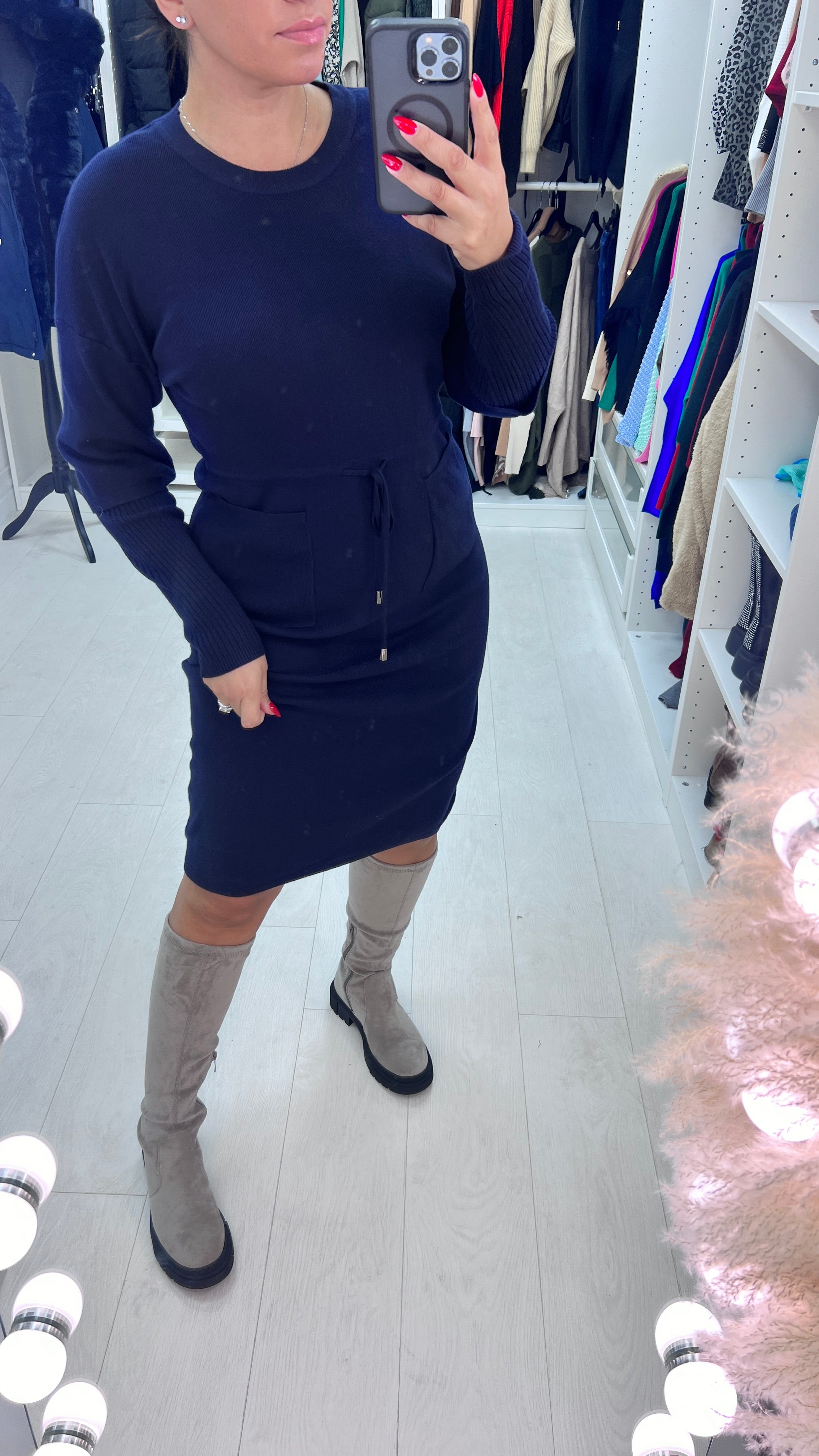 Pebbles Plain Pocket Detailed Toggle Cinched Waist Knit Jumper Dress