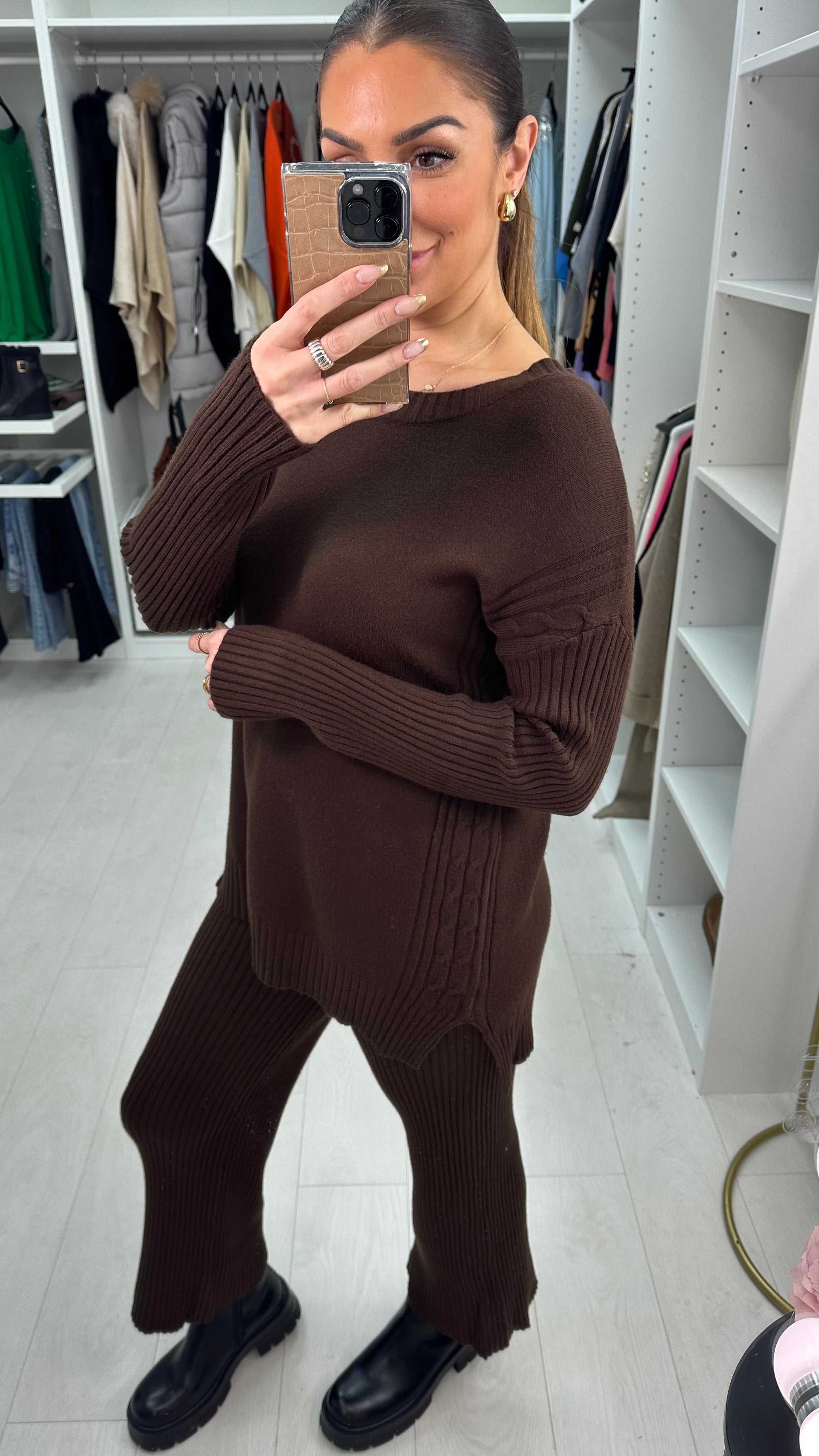 Elissa Round Neck Cable Knit Panel Loungewear Set