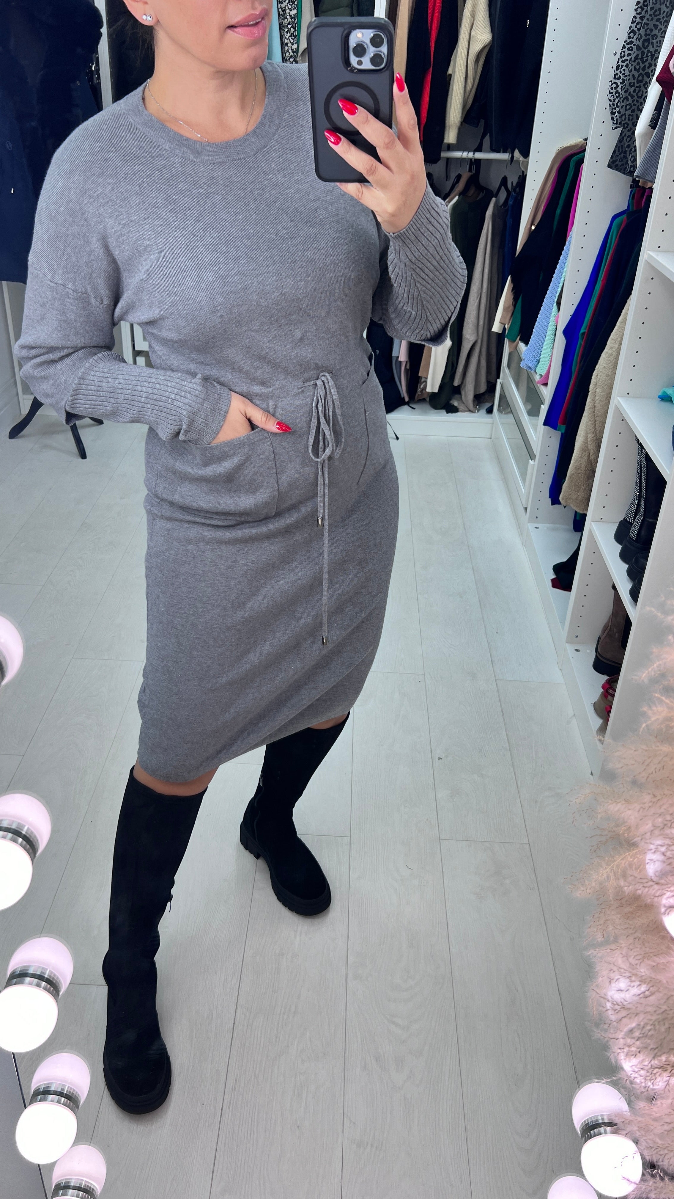 Pebbles Plain Pocket Detailed Toggle Cinched Waist Knit Jumper Dress