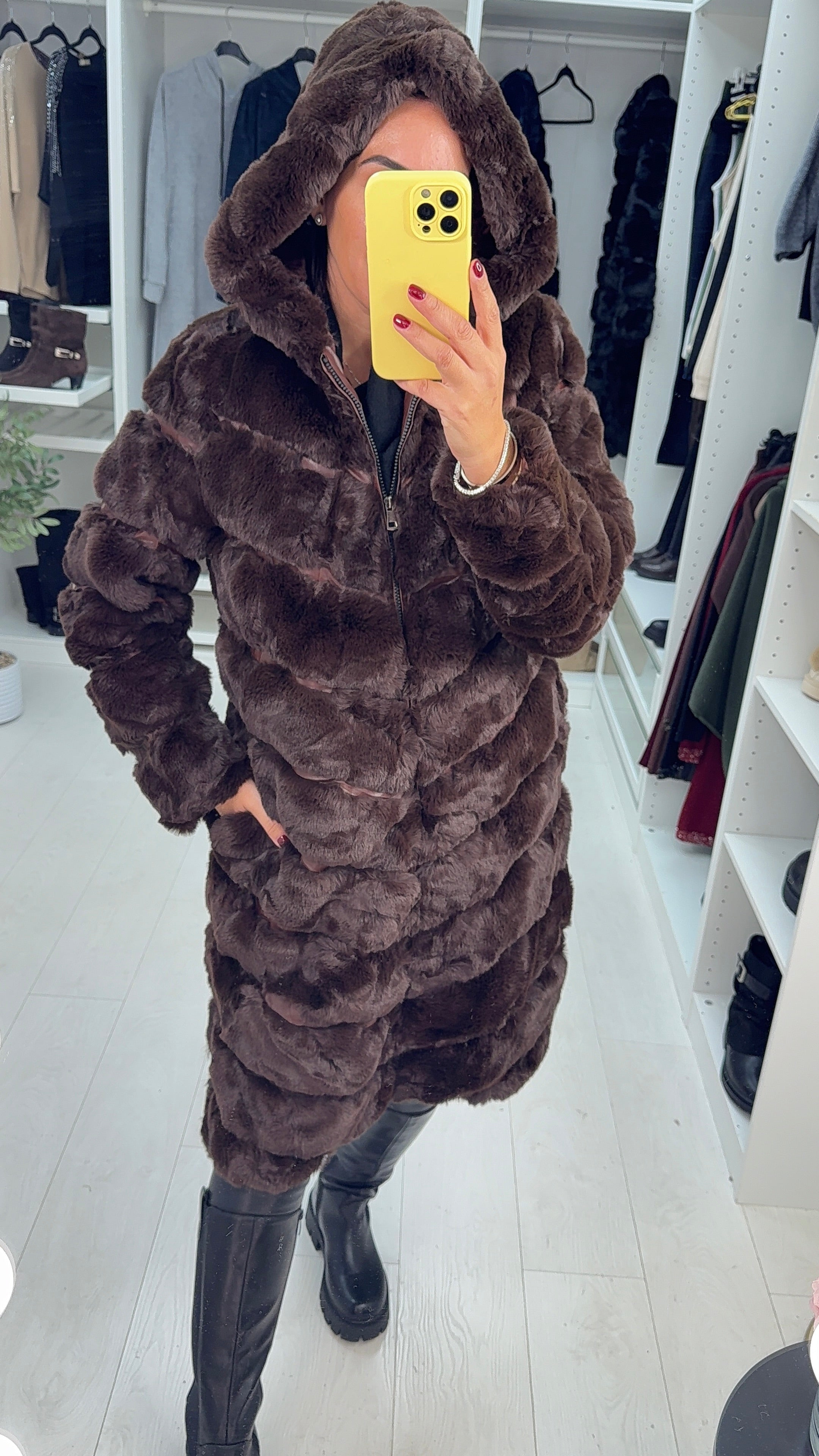 Miki Chocolate Faux Fur Panelled Longline Hooded Coat