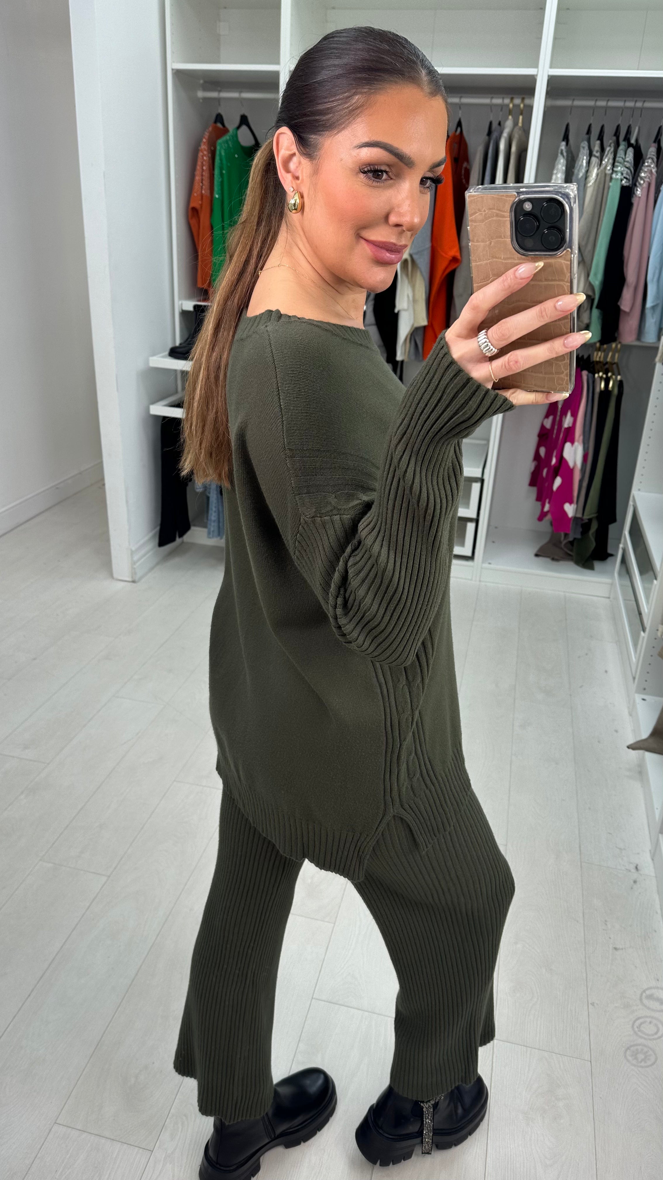 Elissa Round Neck Cable Knit Panel Loungewear Set