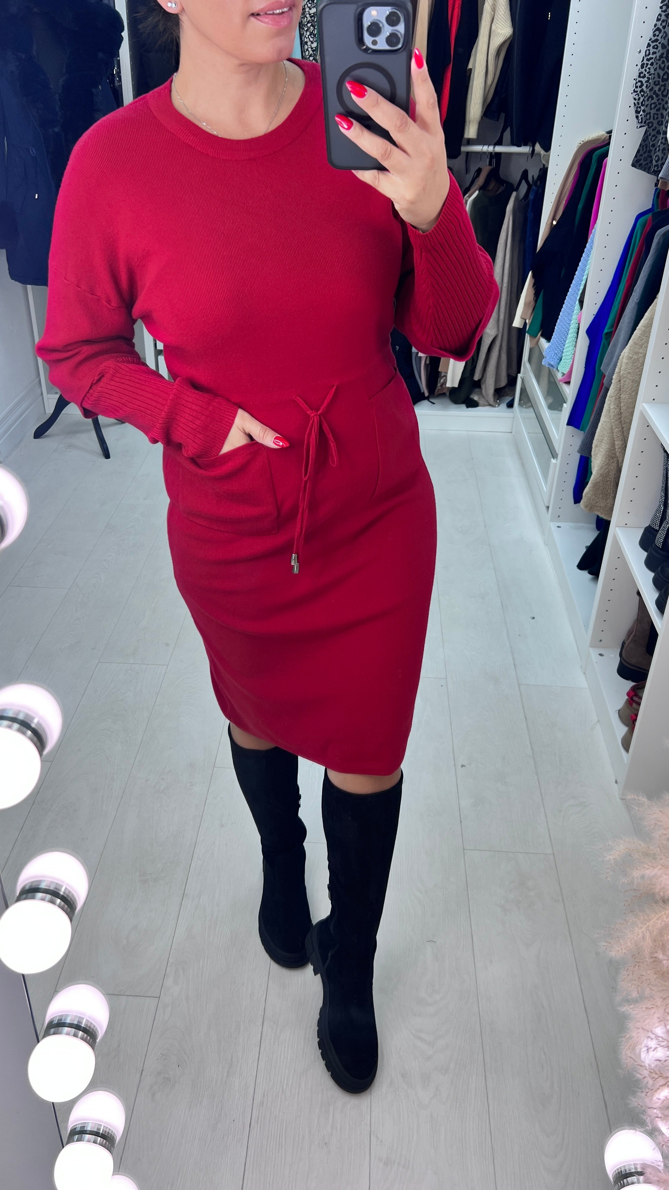 Pebbles Plain Pocket Detailed Toggle Cinched Waist Knit Jumper Dress