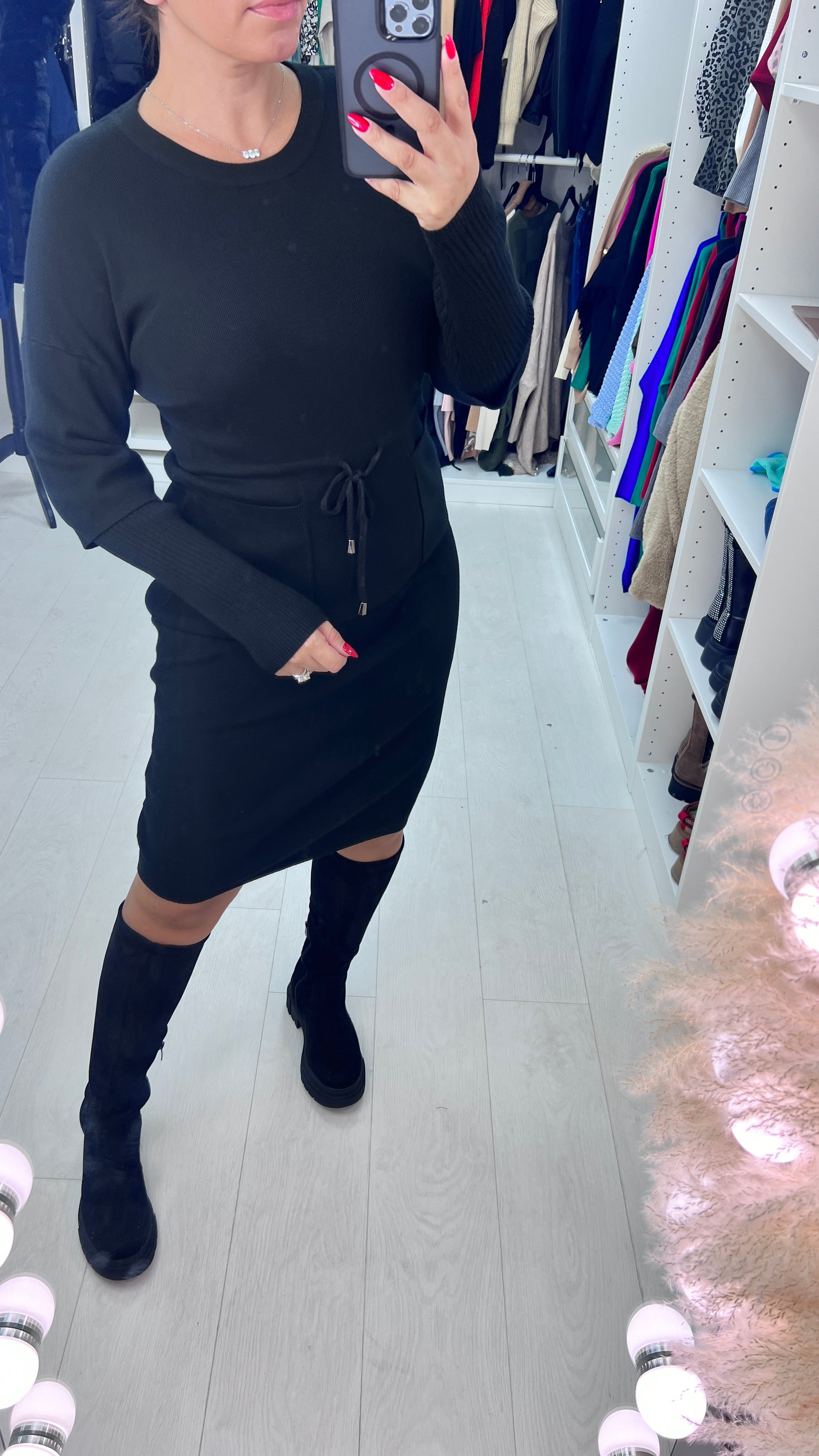 Pebbles Plain Pocket Detailed Toggle Cinched Waist Knit Jumper Dress