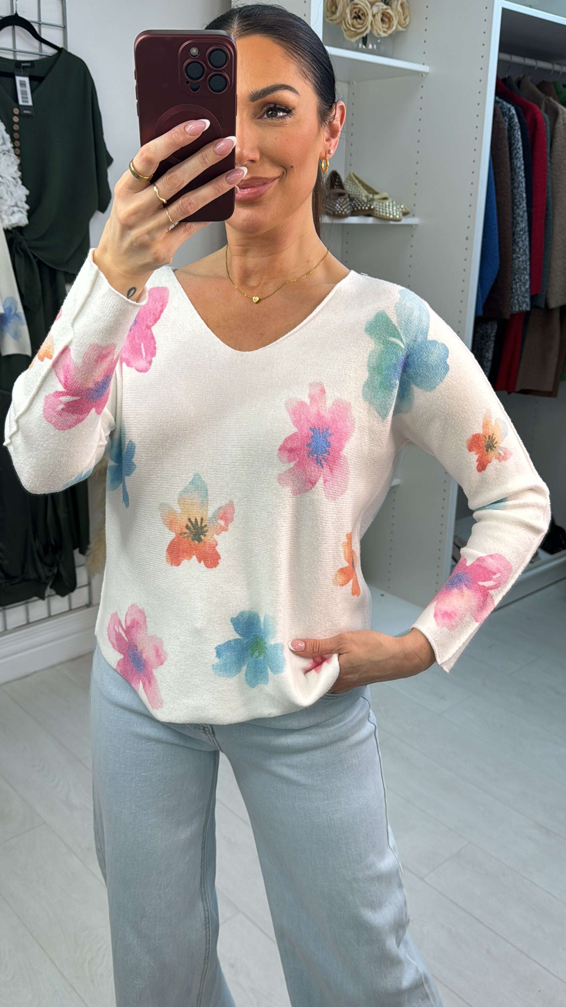 Lindy Watercolour Flower Print Thin Knit Jumper