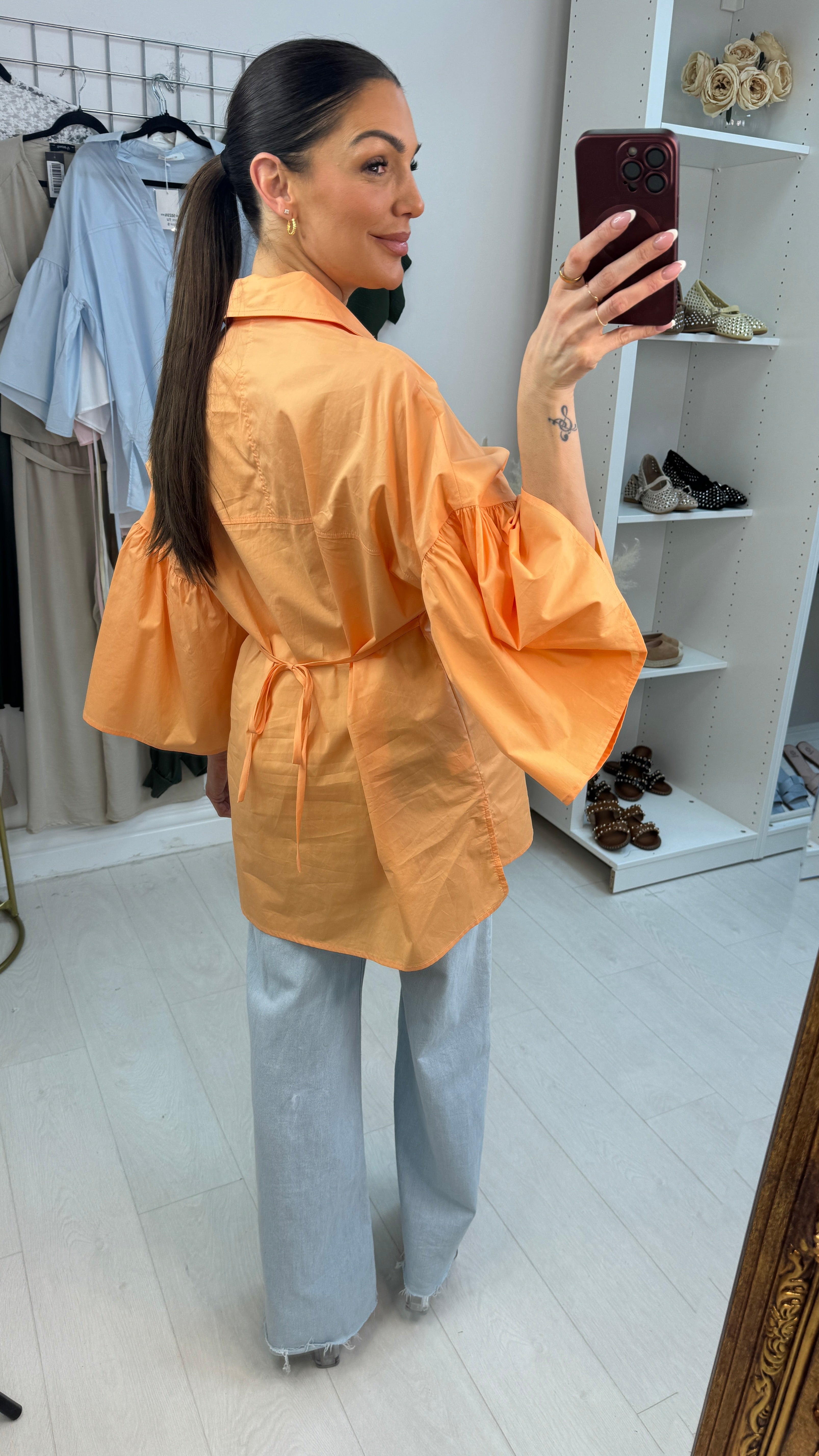 Adella Plain Floral Button Tie Waist Shirt