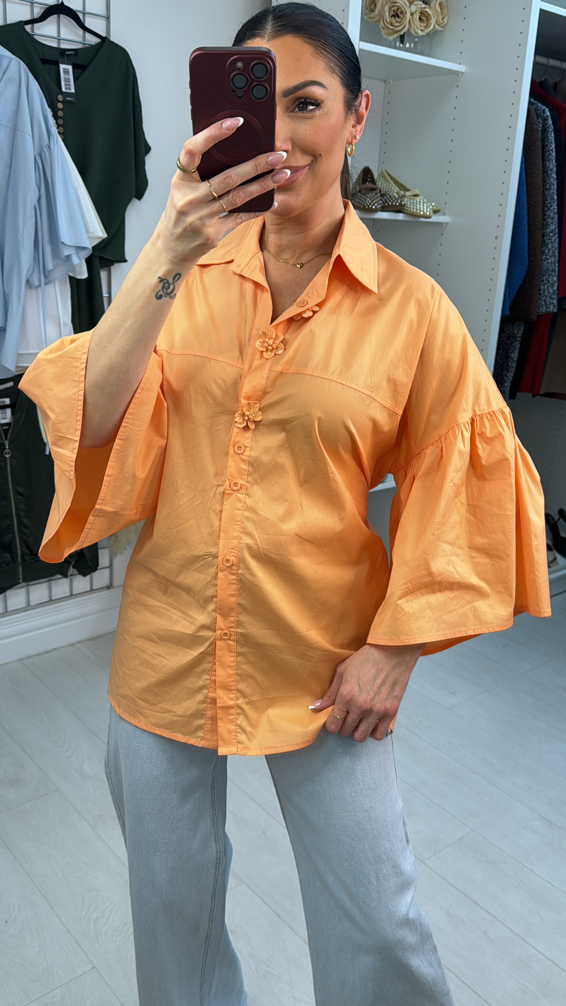 Adella Plain Floral Button Tie Waist Shirt