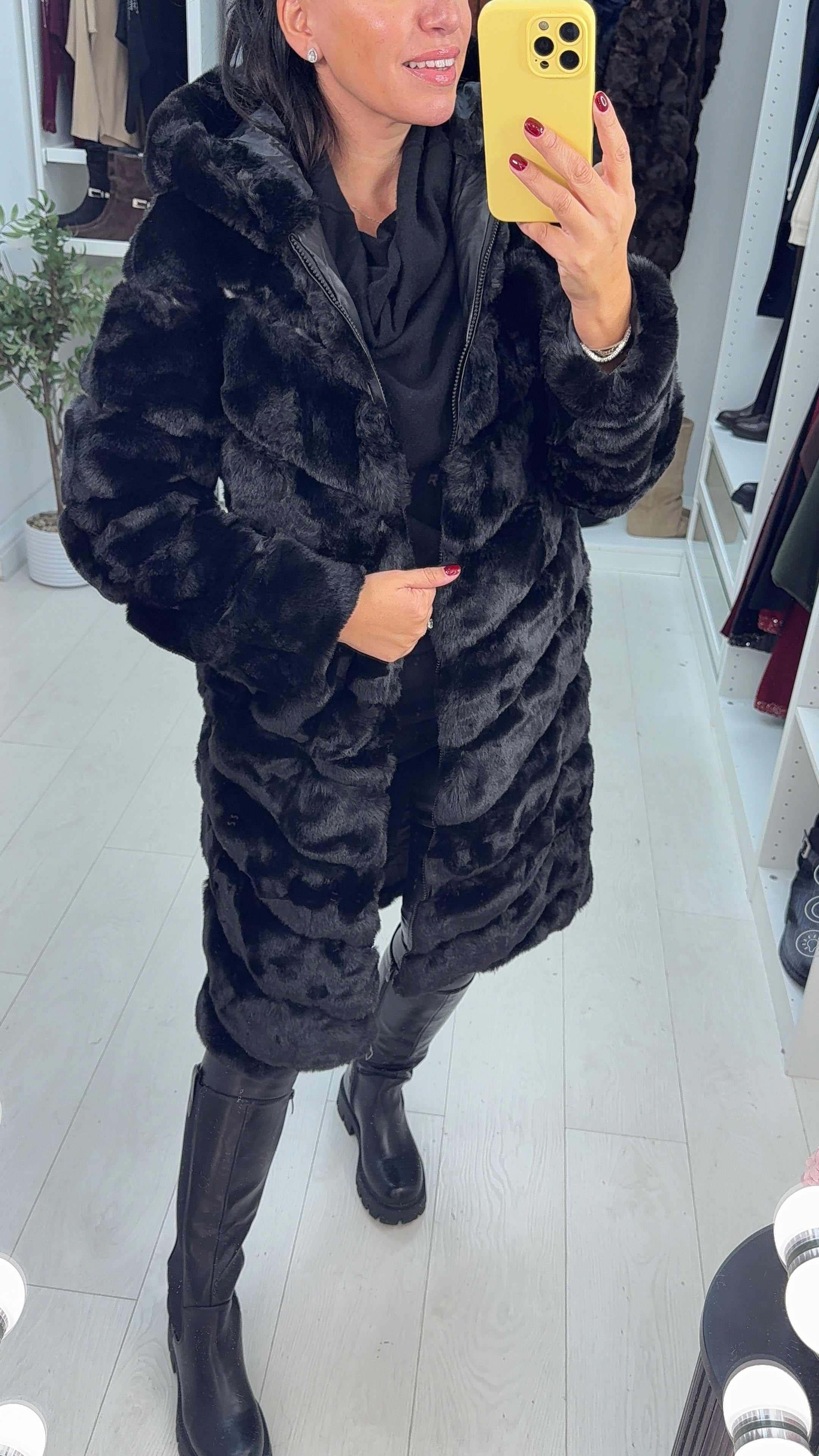 Miki Black Faux Fur Panelled Longline Hooded Coat