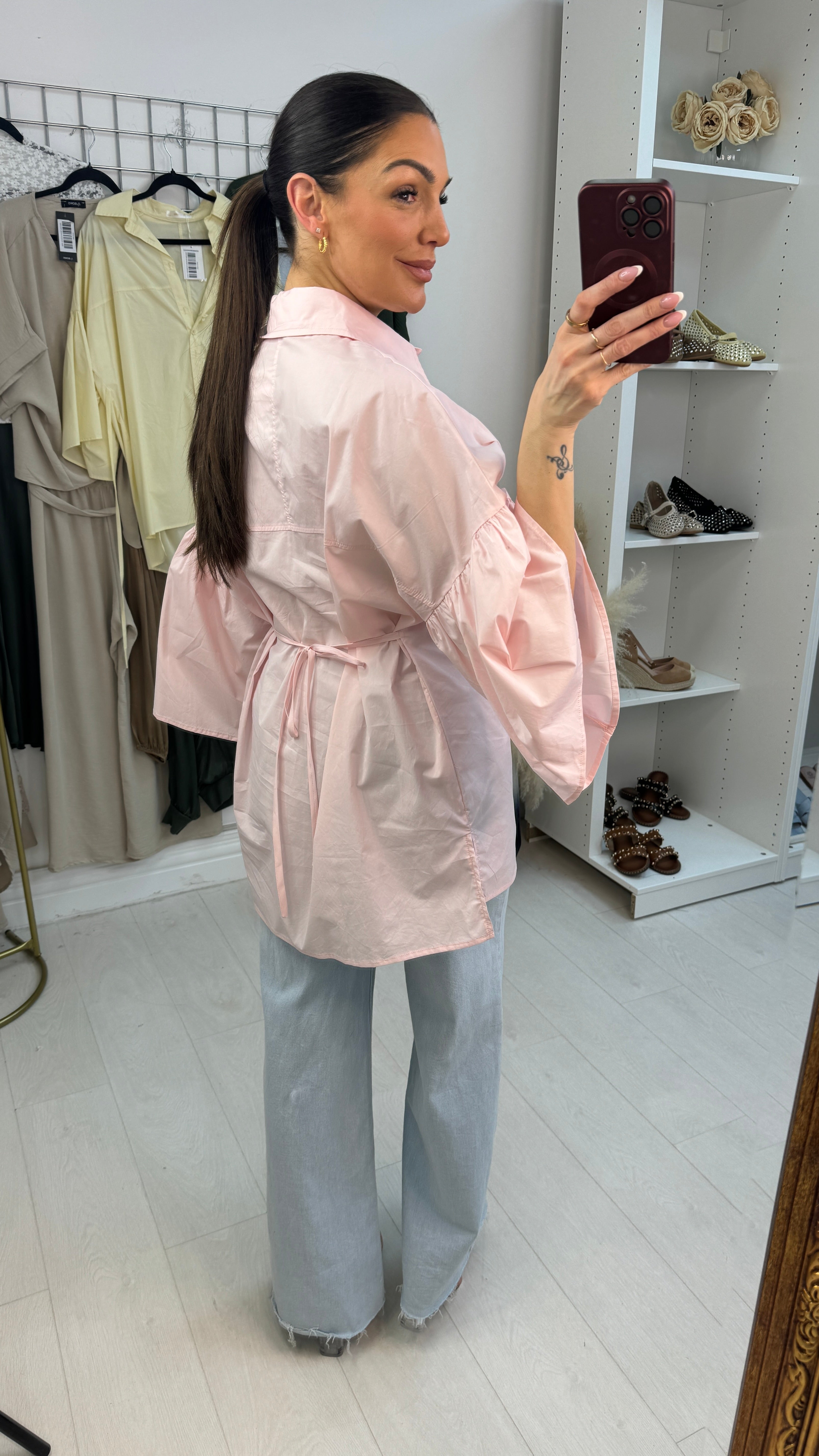 Adella Plain Floral Button Tie Waist Shirt