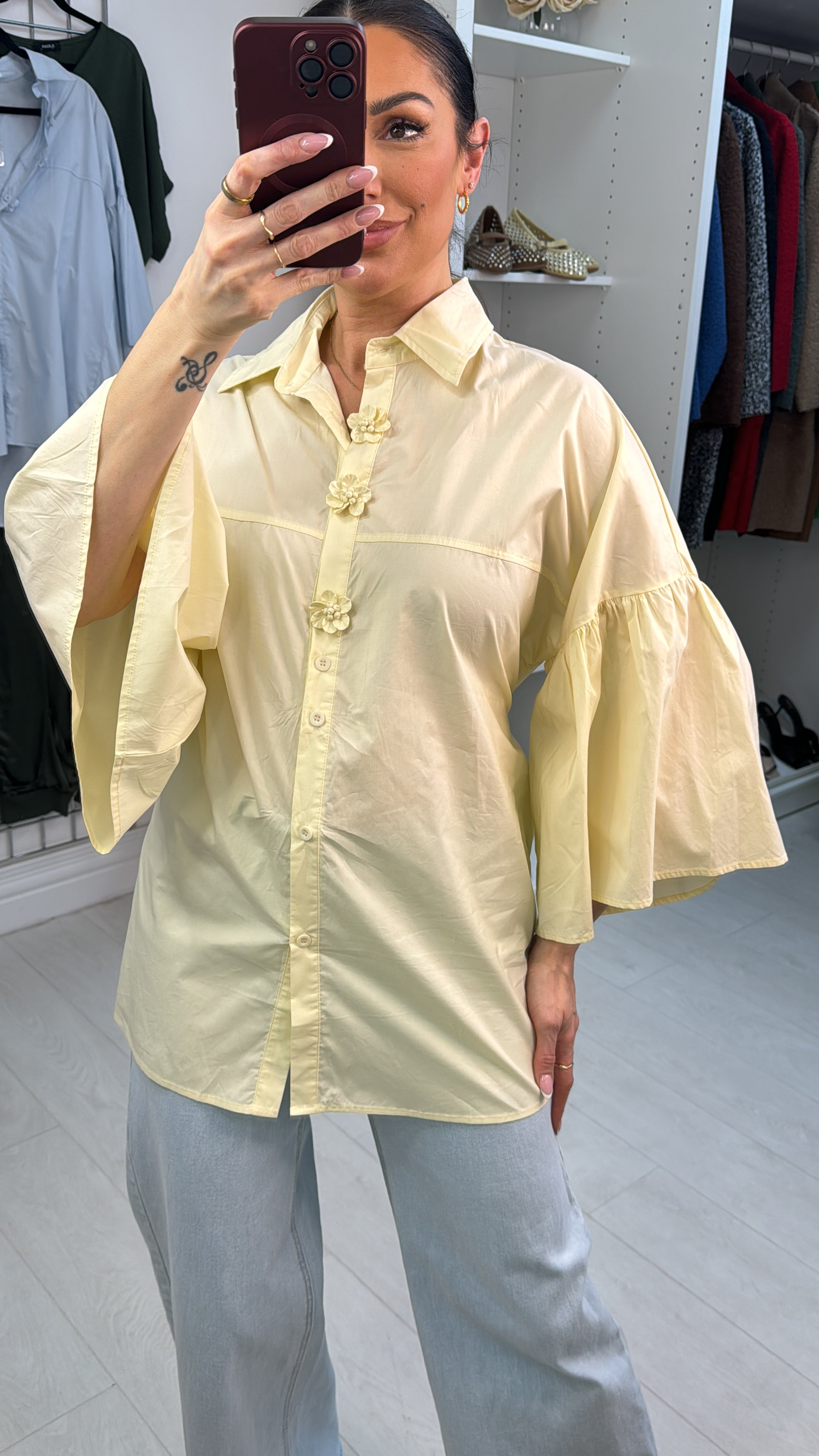 Adella Plain Floral Button Tie Waist Shirt