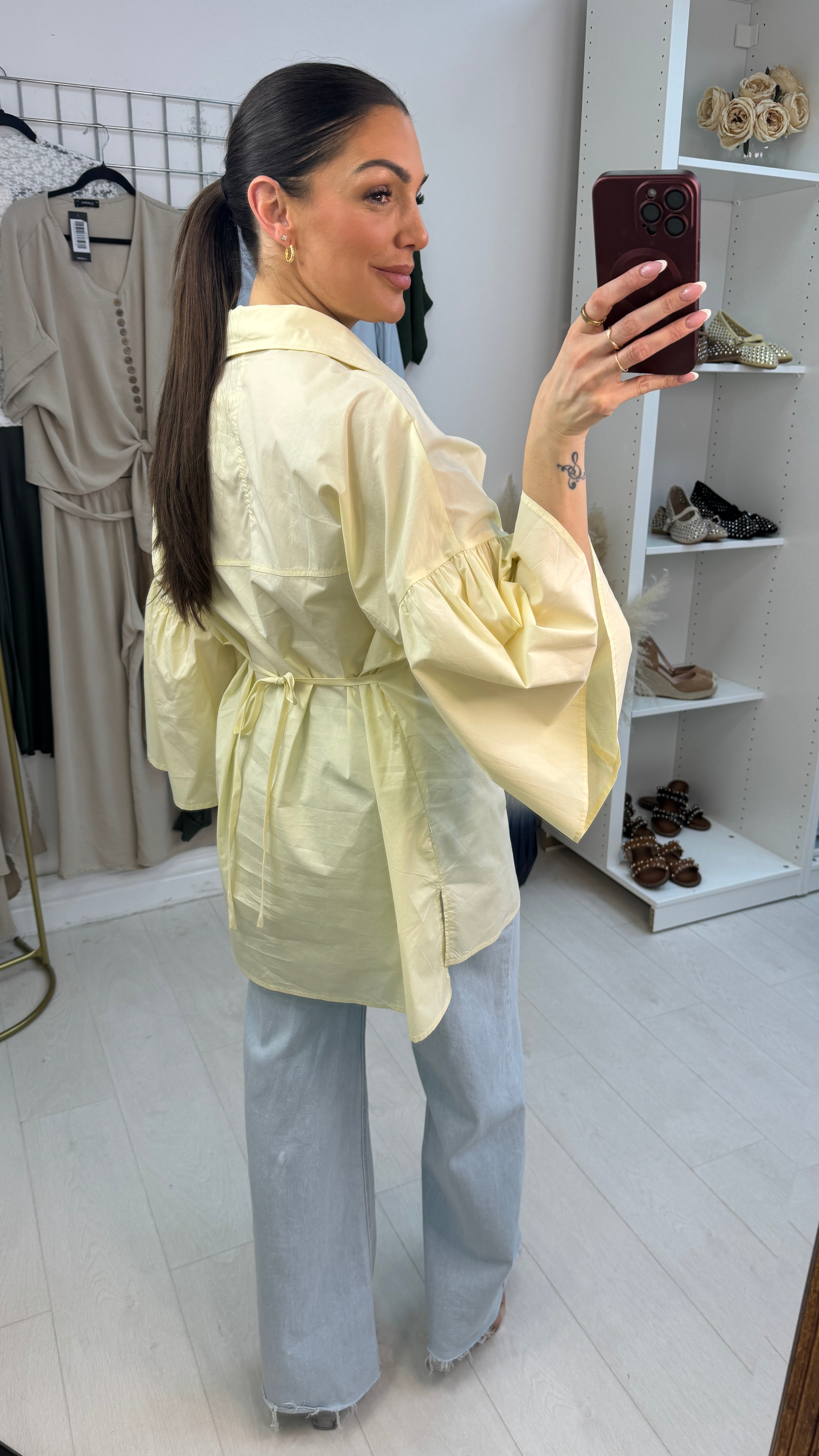 Adella Plain Floral Button Tie Waist Shirt