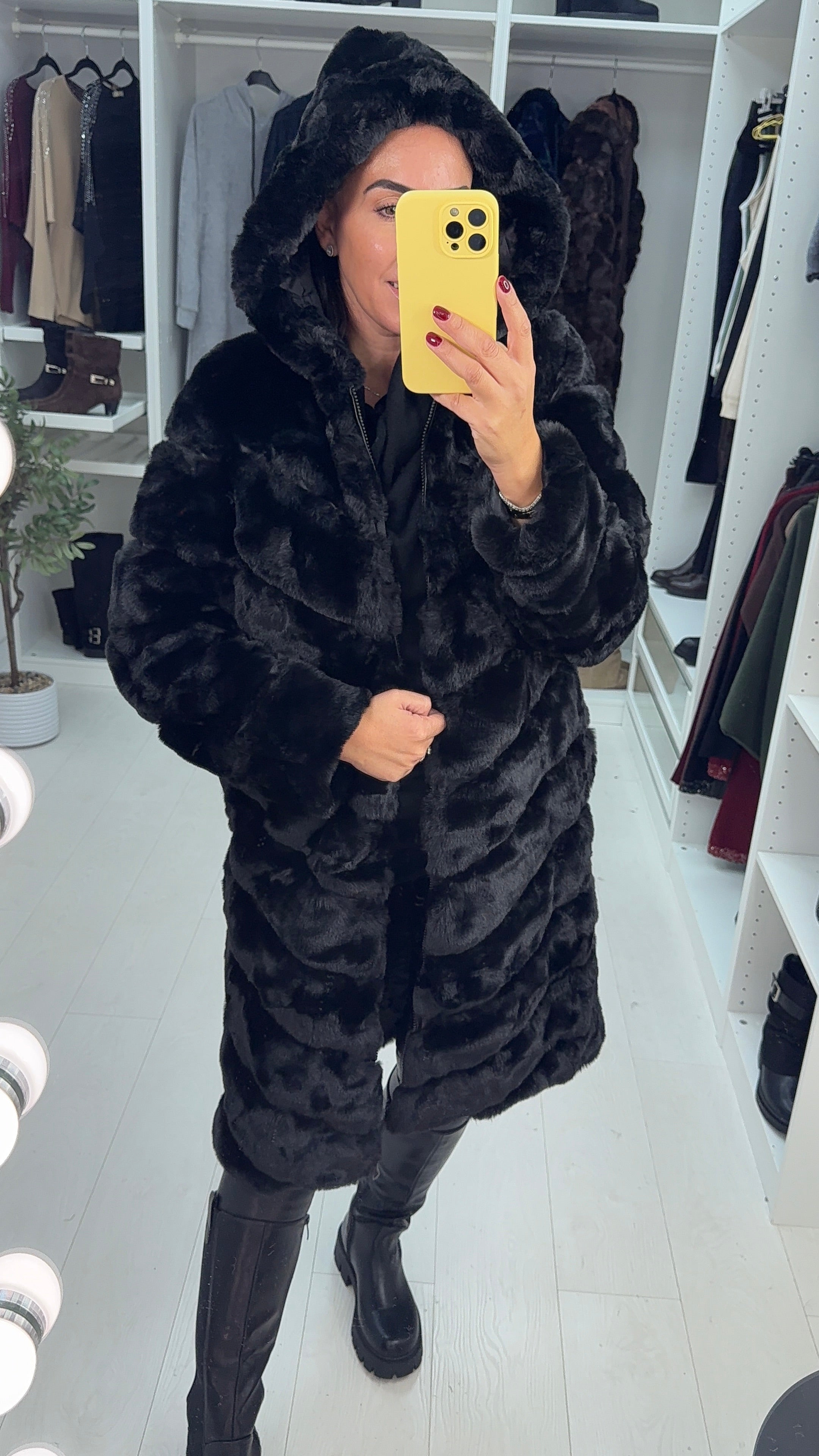 Miki Black Faux Fur Panelled Longline Hooded Coat