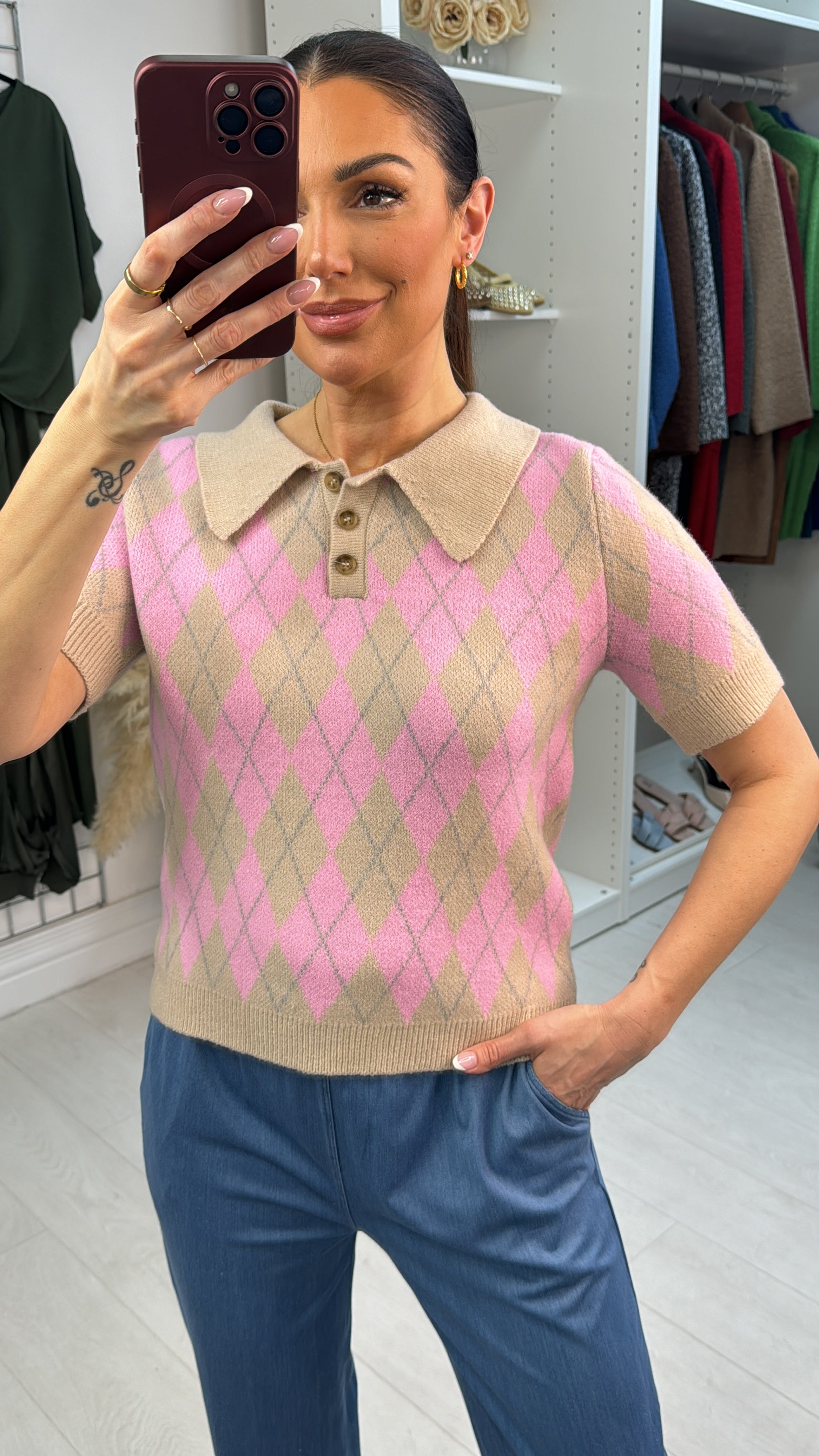 Caylee Argyle Print Collar Short Sleeve Jumper