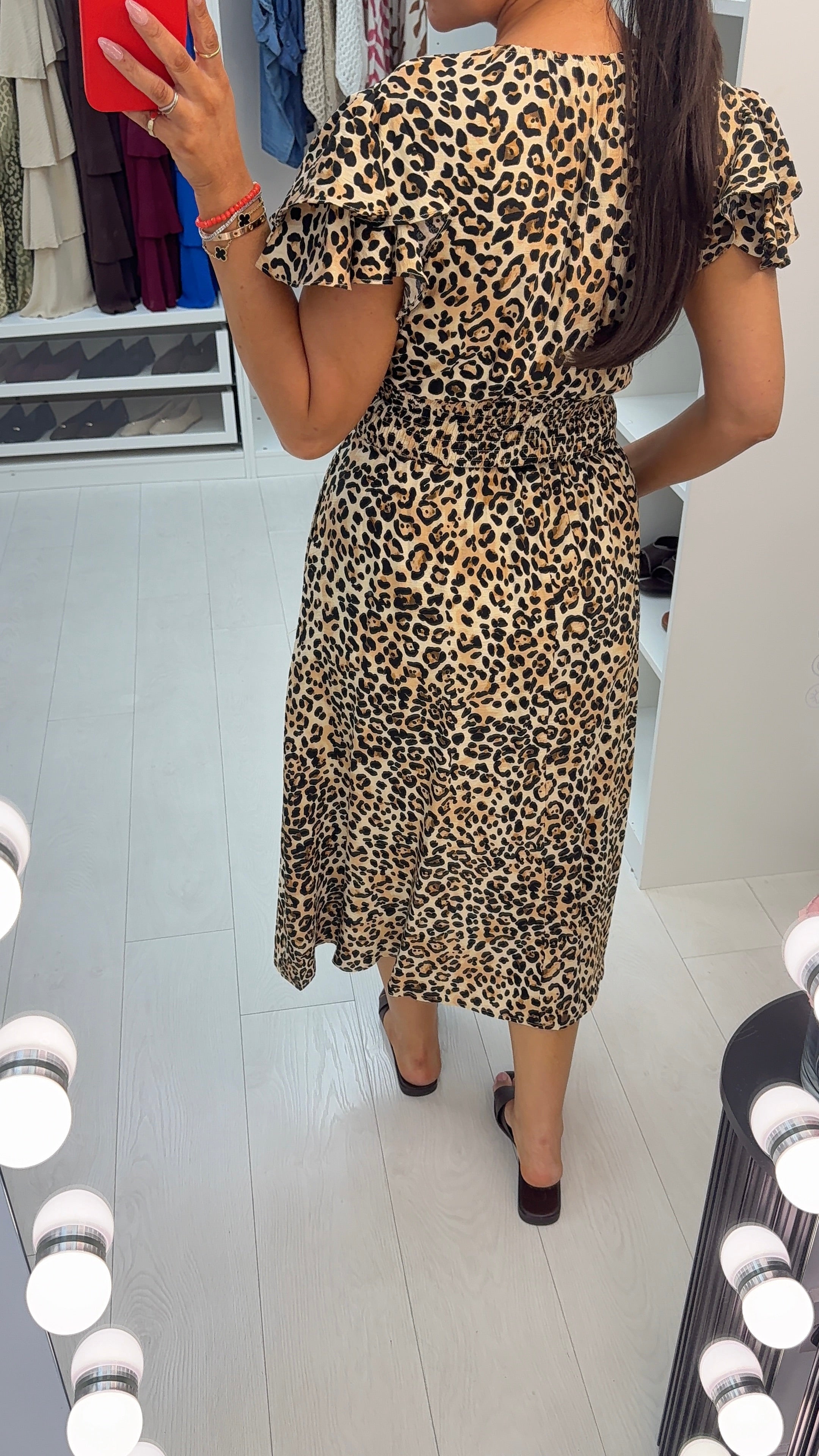 Macey Leopard Print Shirred Waist Maxi Dress