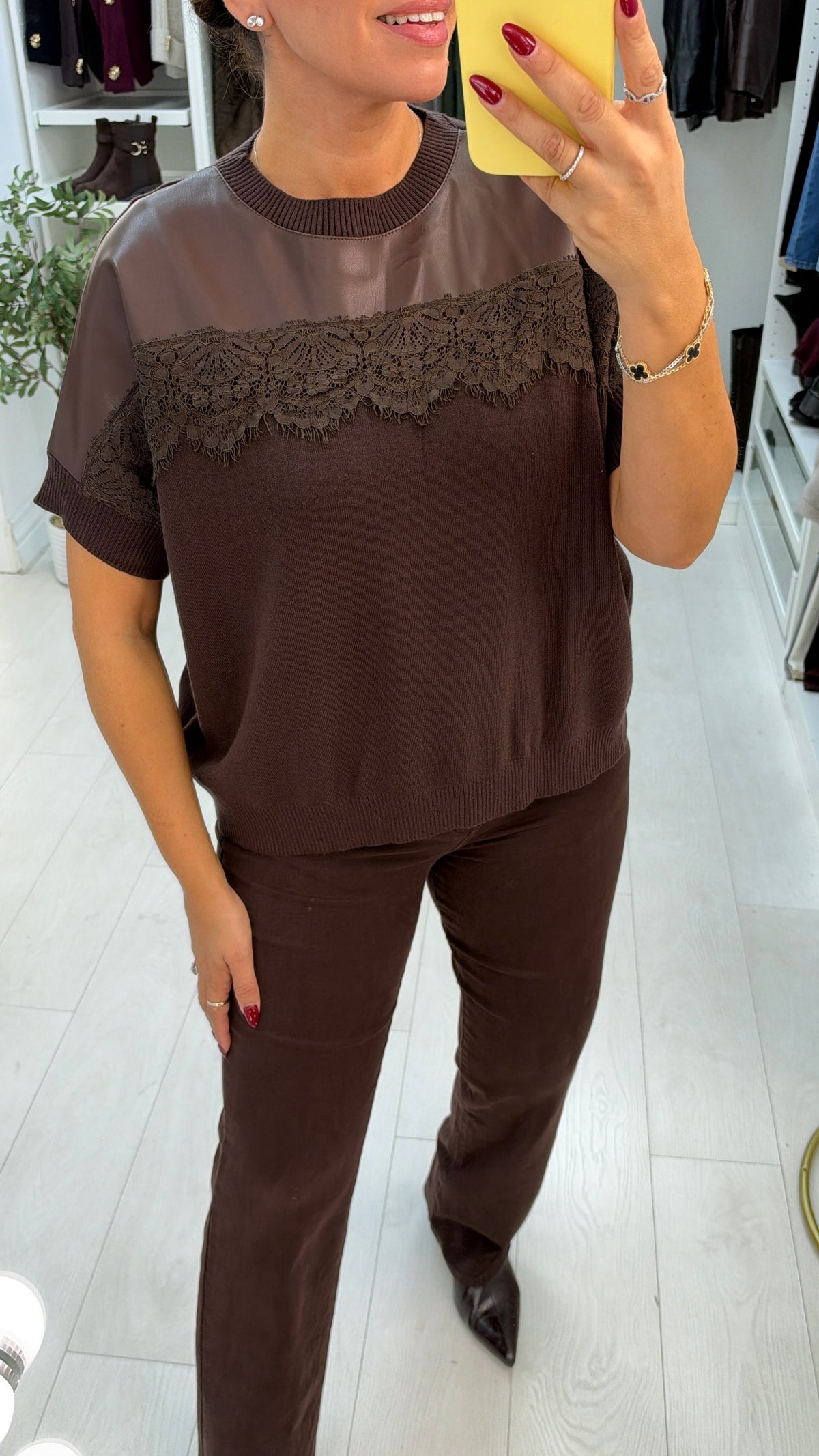 Florissa Faux Leather & Lace Detailed Jumper
