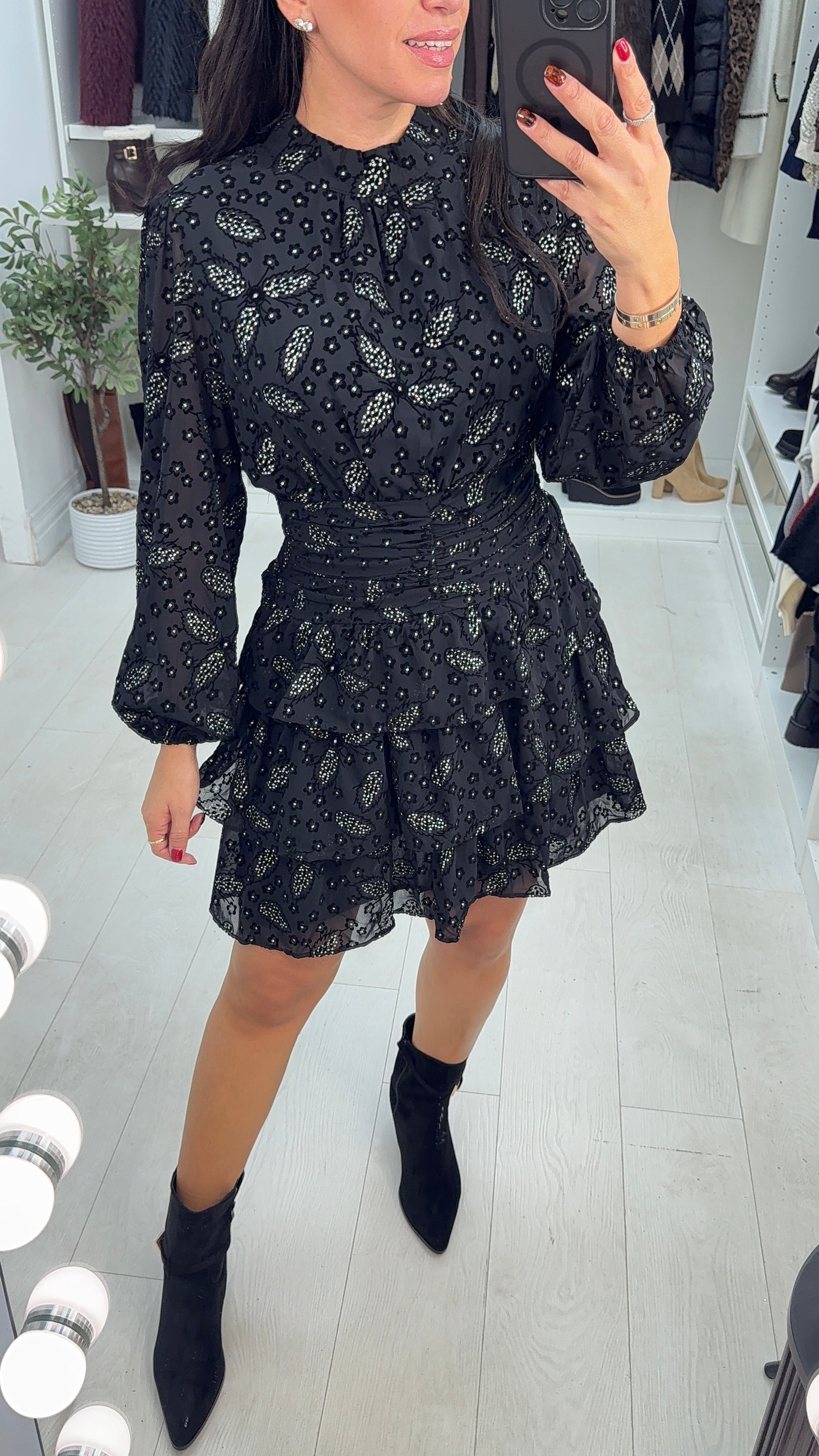 Rylee Embellished Leaf Print Shirred Waist Mini Dress