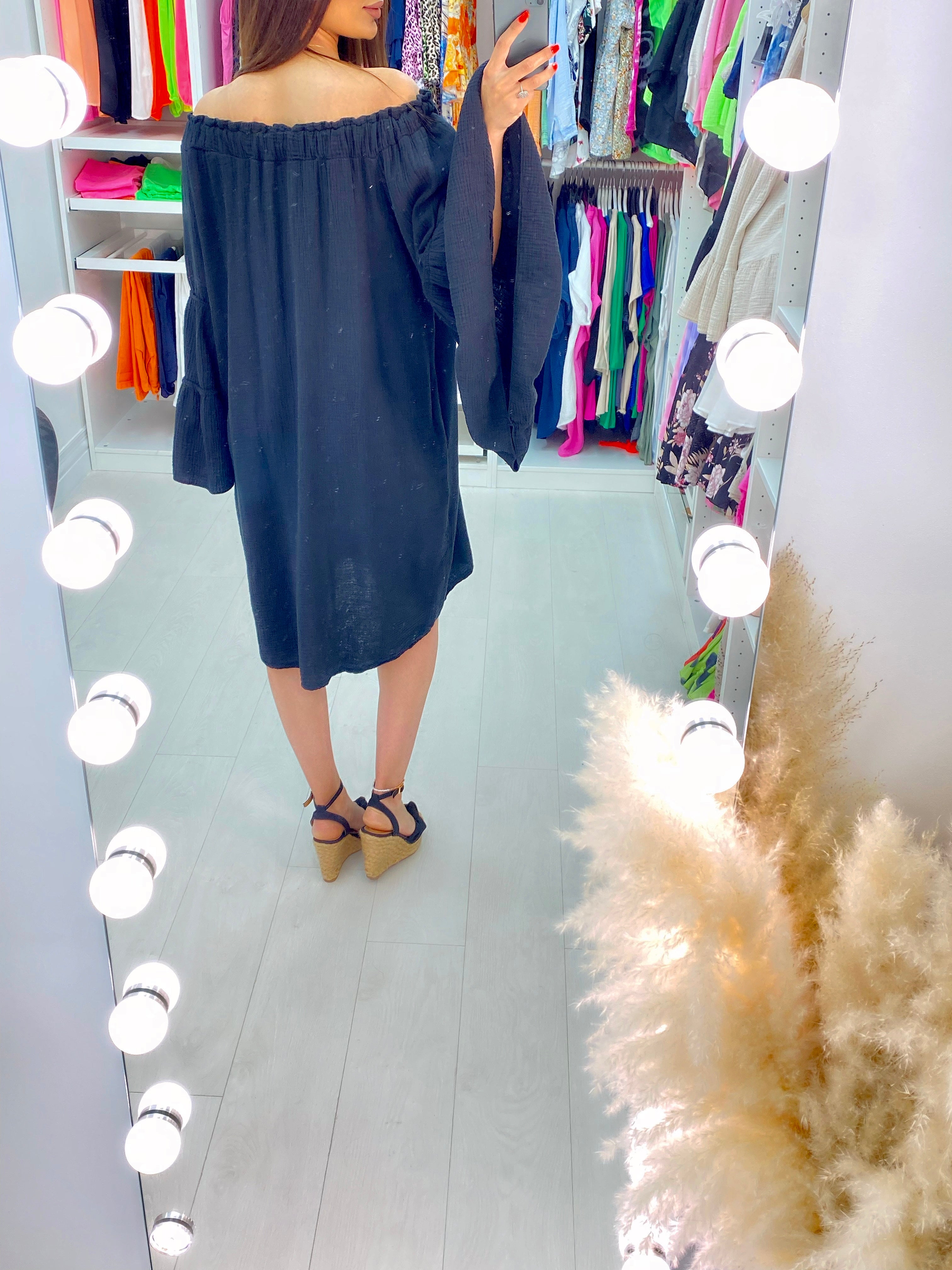 Isda Cheesecloth Bardot Ruffle Sleeve Smock Dress