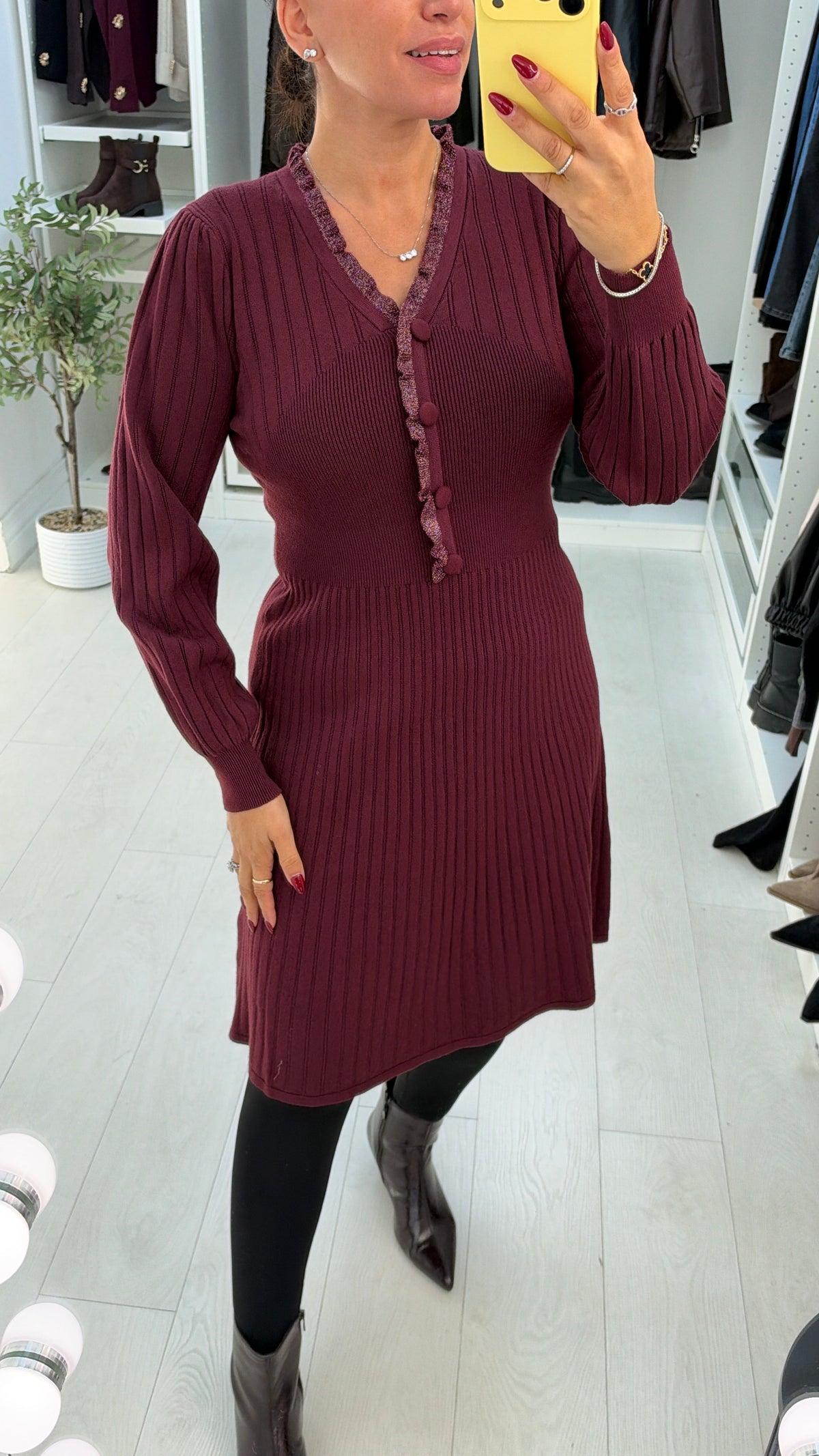 Ilona Plain V Neck Button Detail Ribbed Dress