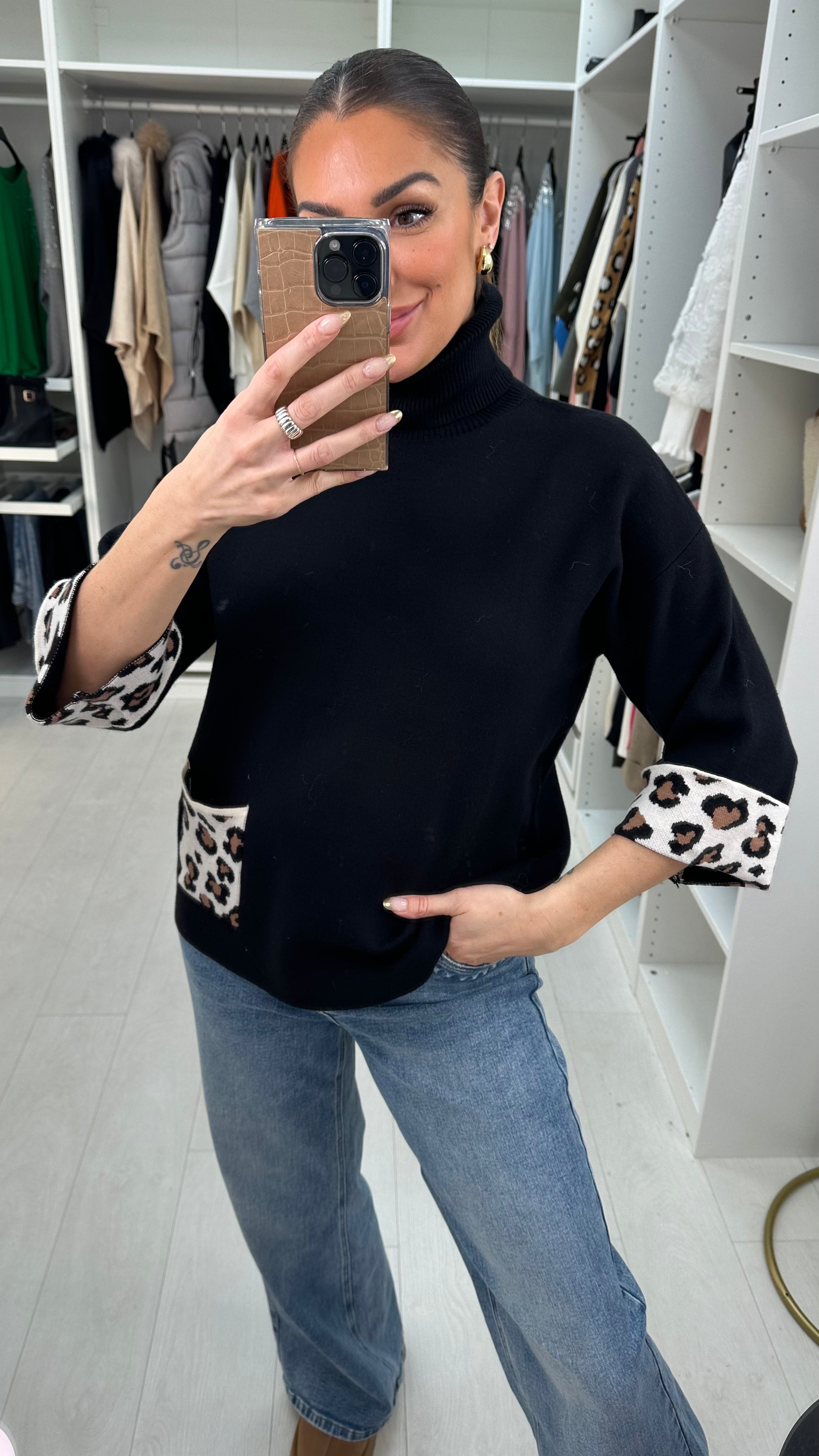 Sophie Leopard Print Pocket Front 3/4 Sleeve Jumper