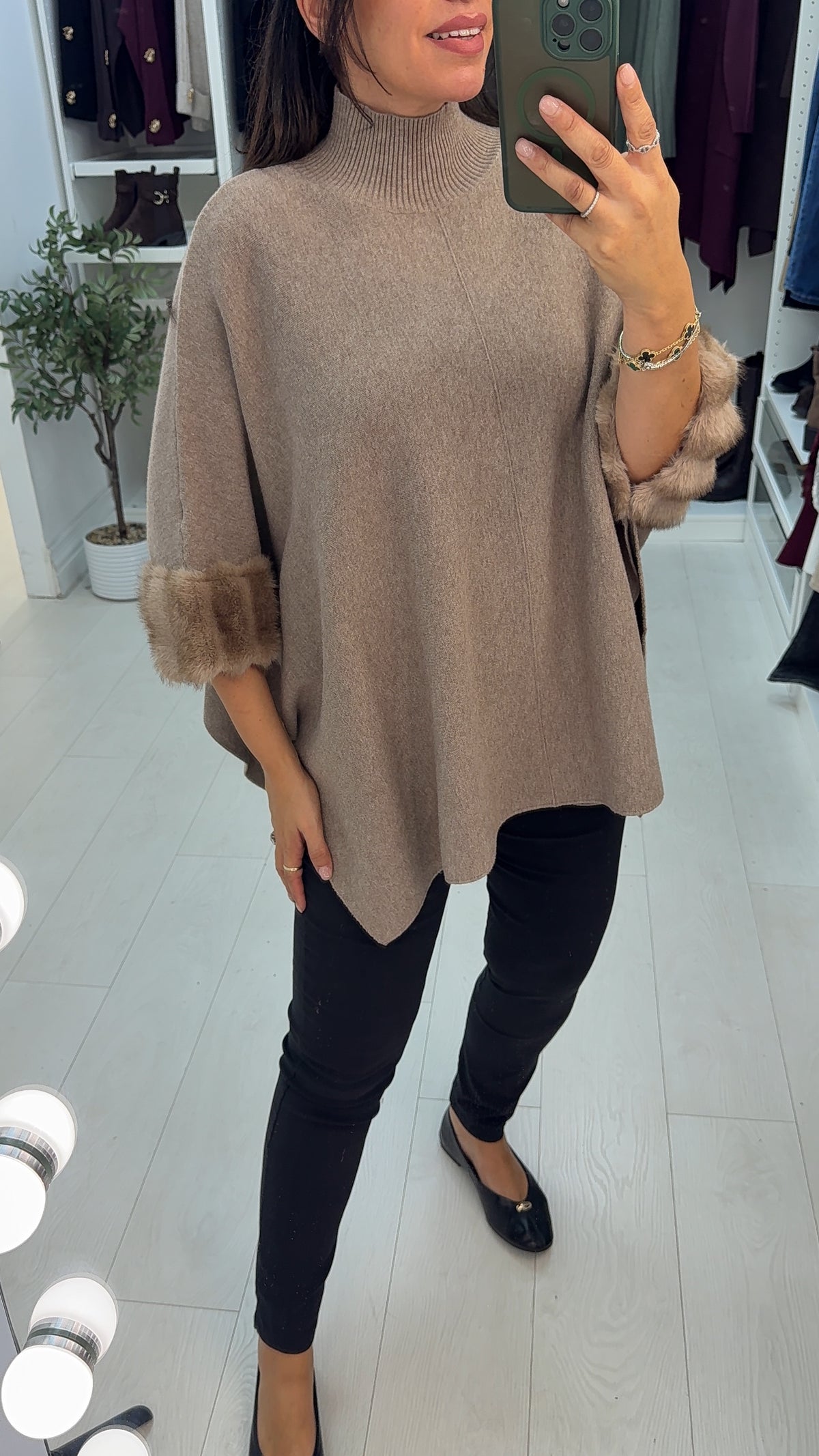 Pheobe Plain High Neck Faux Fur Detail Poncho