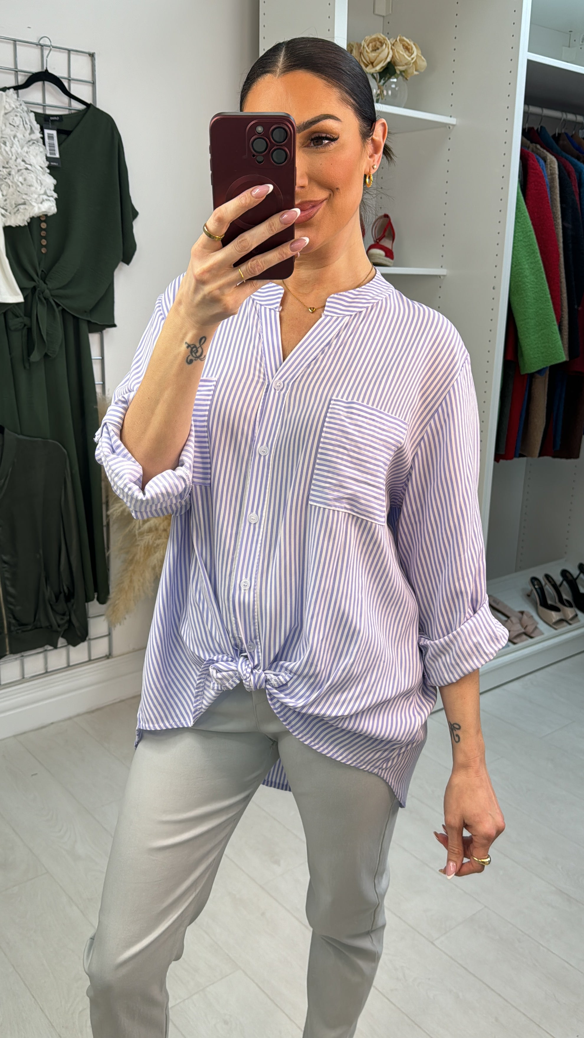 Effie Striped Tie Front Dipped Hem Shirt