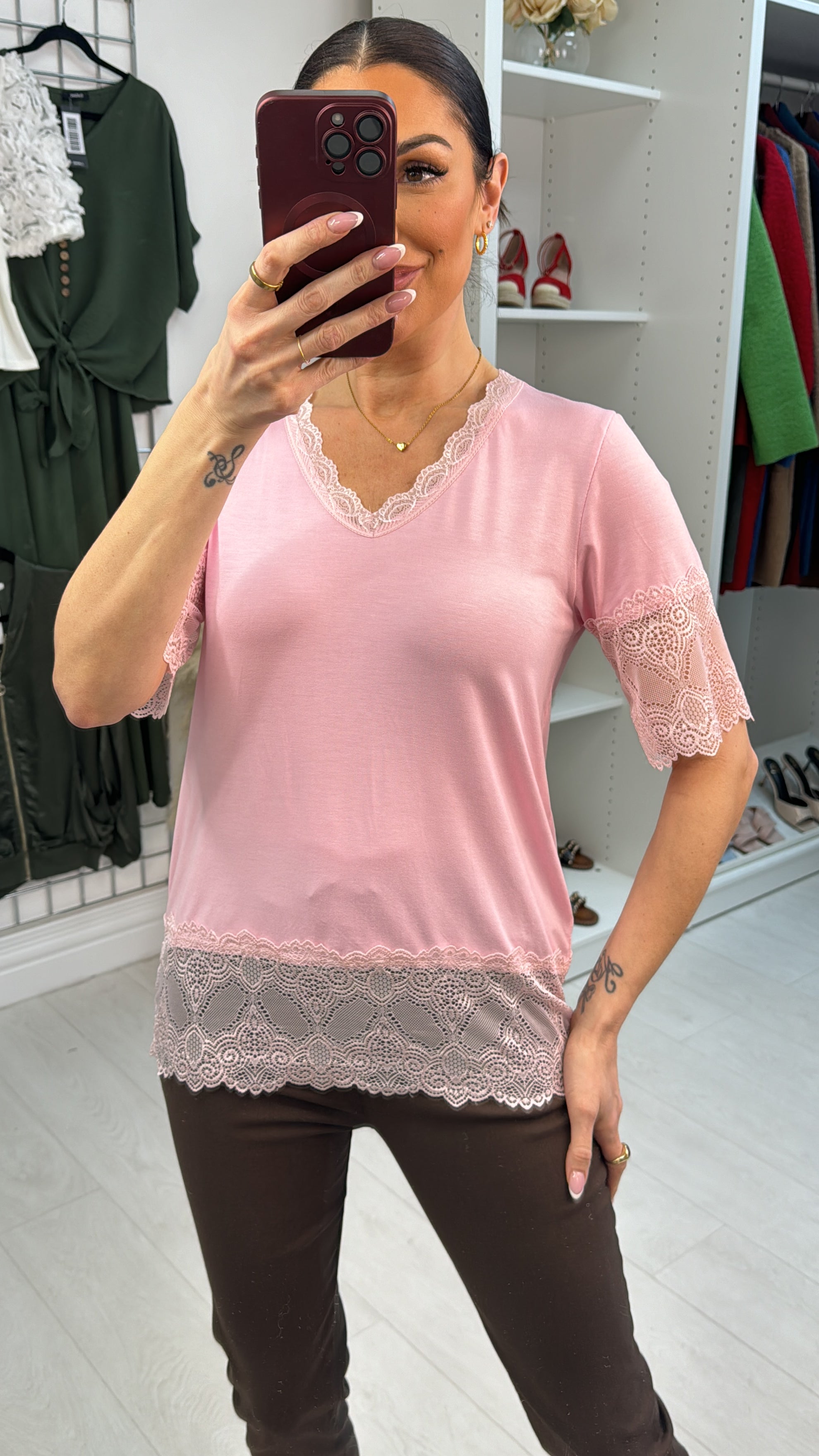 Lola Plain Lace Trim Short Sleeve Top