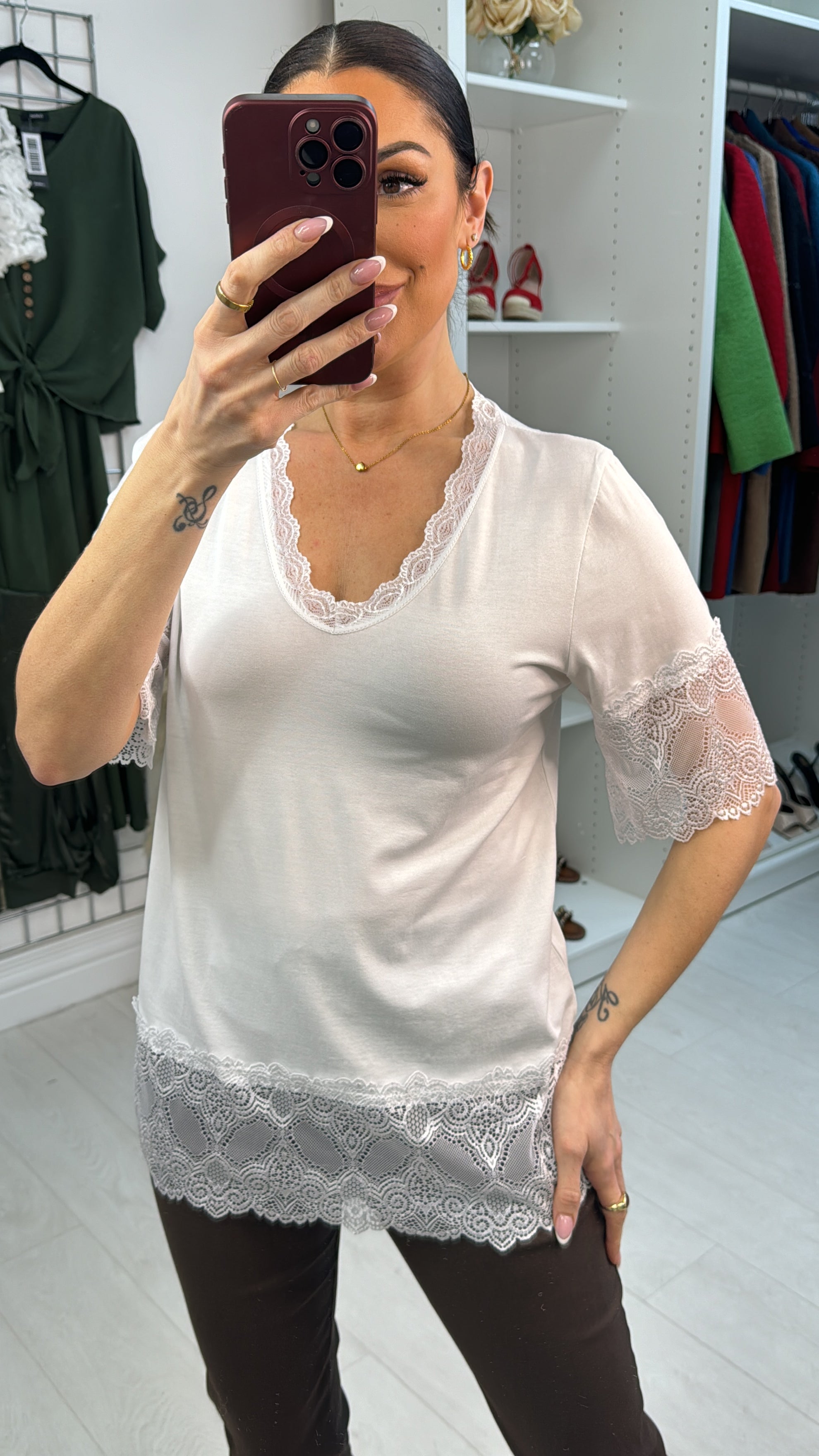 Lola Plain Lace Trim Short Sleeve Top