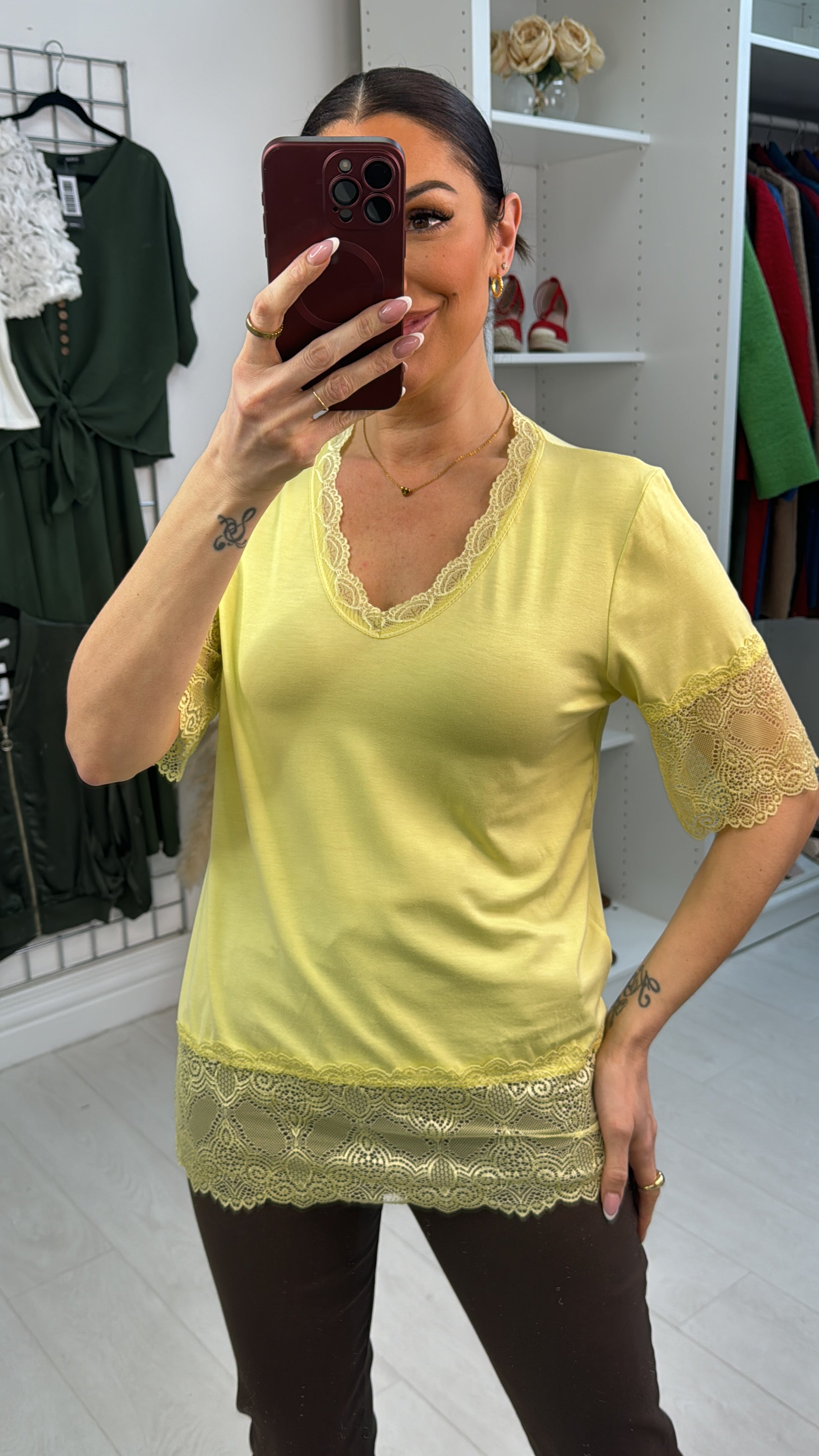 Lola Plain Lace Trim Short Sleeve Top