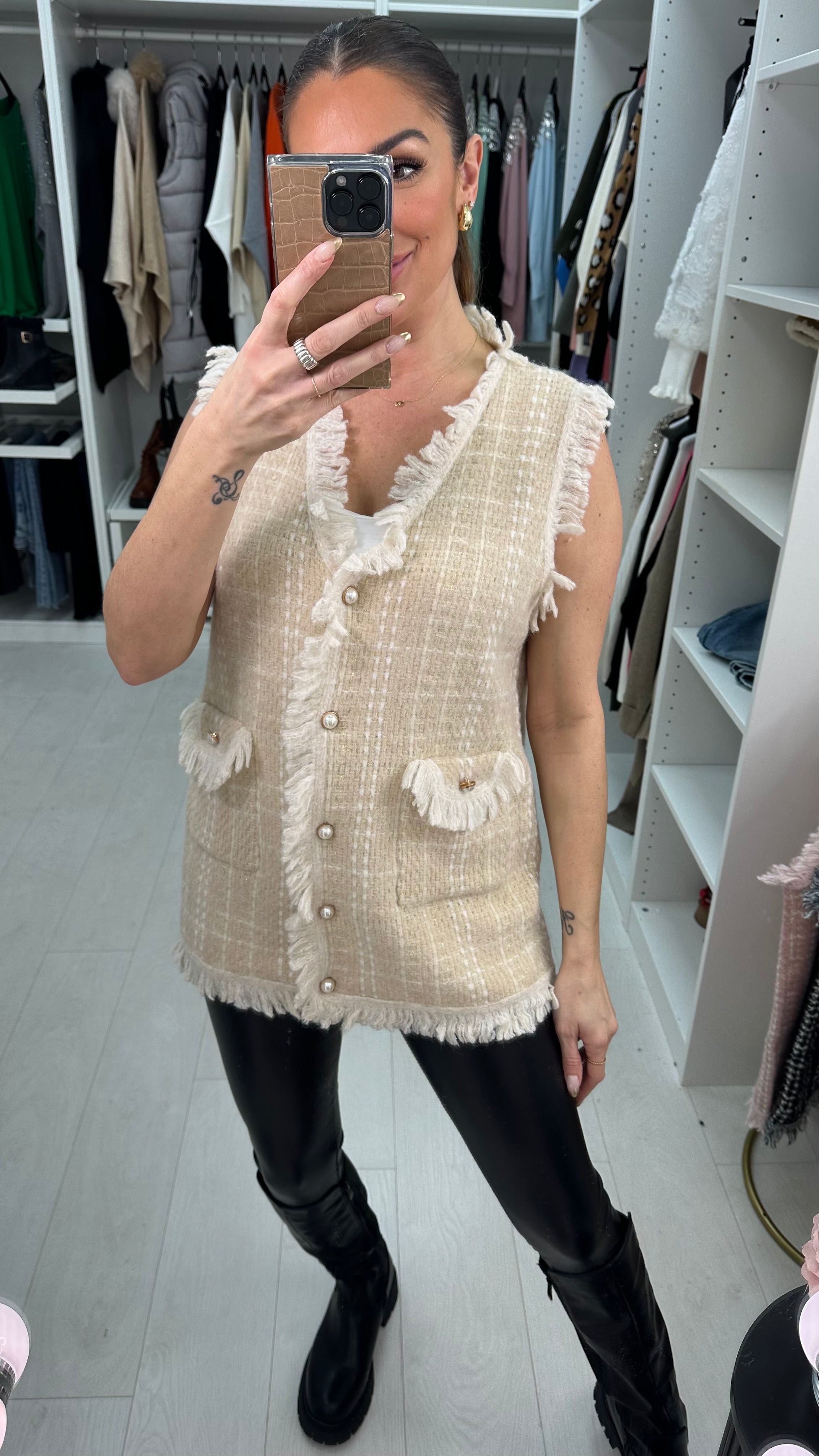 Ipek Pearl Button Checked Knitted Waistcoat